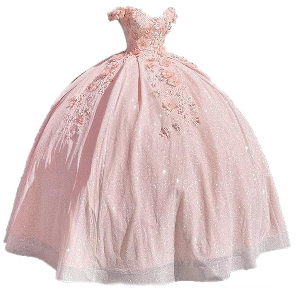 Elegant Long Prom Dress with Off-the-Shoulder Design | Quinceañera Ball Gown with 3D Handmade Tulle Flowers | Sweet 16 Dresses for Formal Dances & Special Occasions