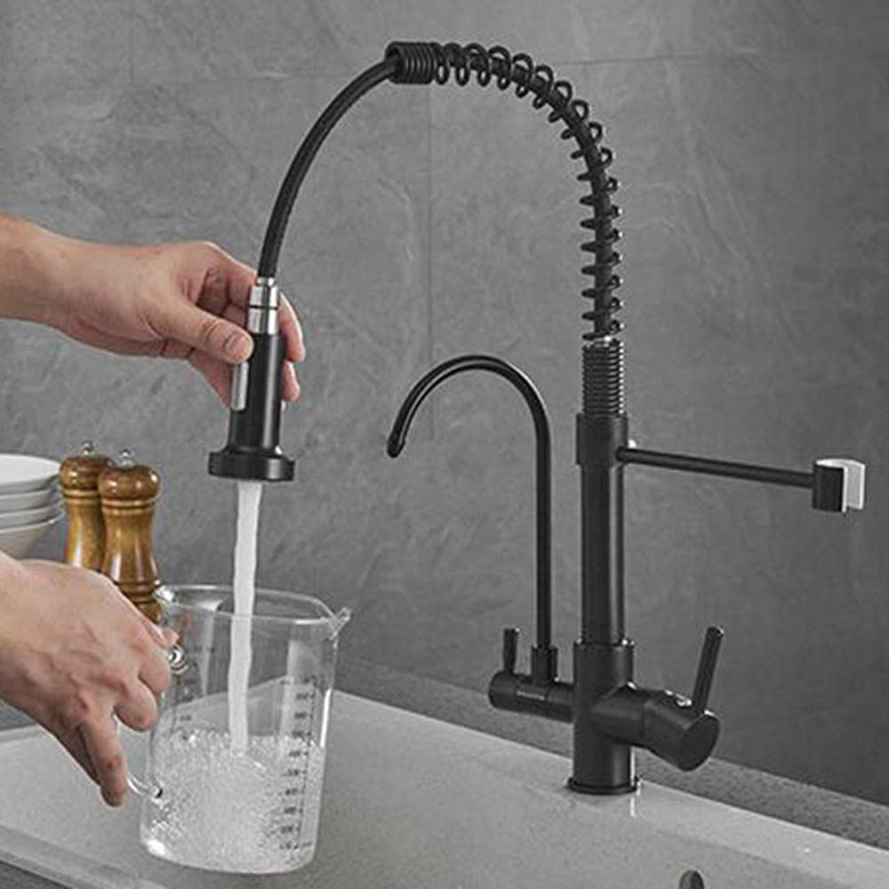 3-in-1 Pull Down Kitchen Faucet with Sprayer - Brass Black Finish, Hot & Cold Water Mixer with Pure Water Filtration System - Perfect for Modern Kitchens, Cooking, Washing Dishes and Food Prep