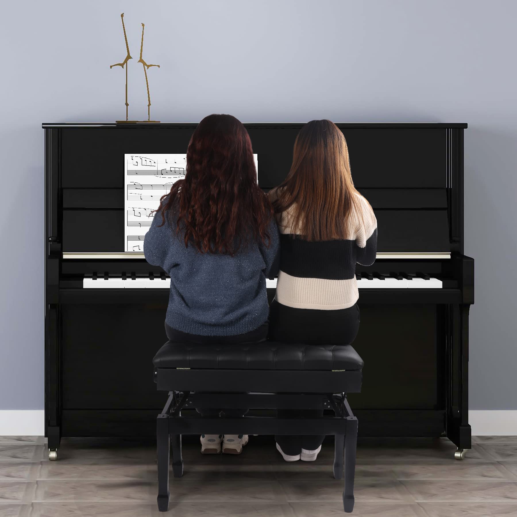 Adjustable Duet Piano Bench with Storage - Heavy Duty Wooden Double Keyboard Bench Seat with PU Leather Cushion - Black - Perfect for Piano Players, Music Teachers & Home Studios