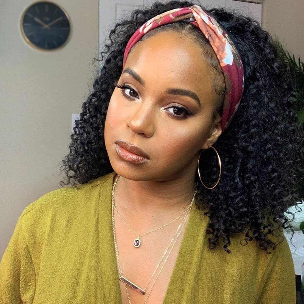 Kinky Curly Human Hair Headband Wig for Black Women - 180% Density 10A Grade No Lace Front Wig - Natural Color (16 Inch) - Perfect for Daily Wear, Parties & Protective Styling