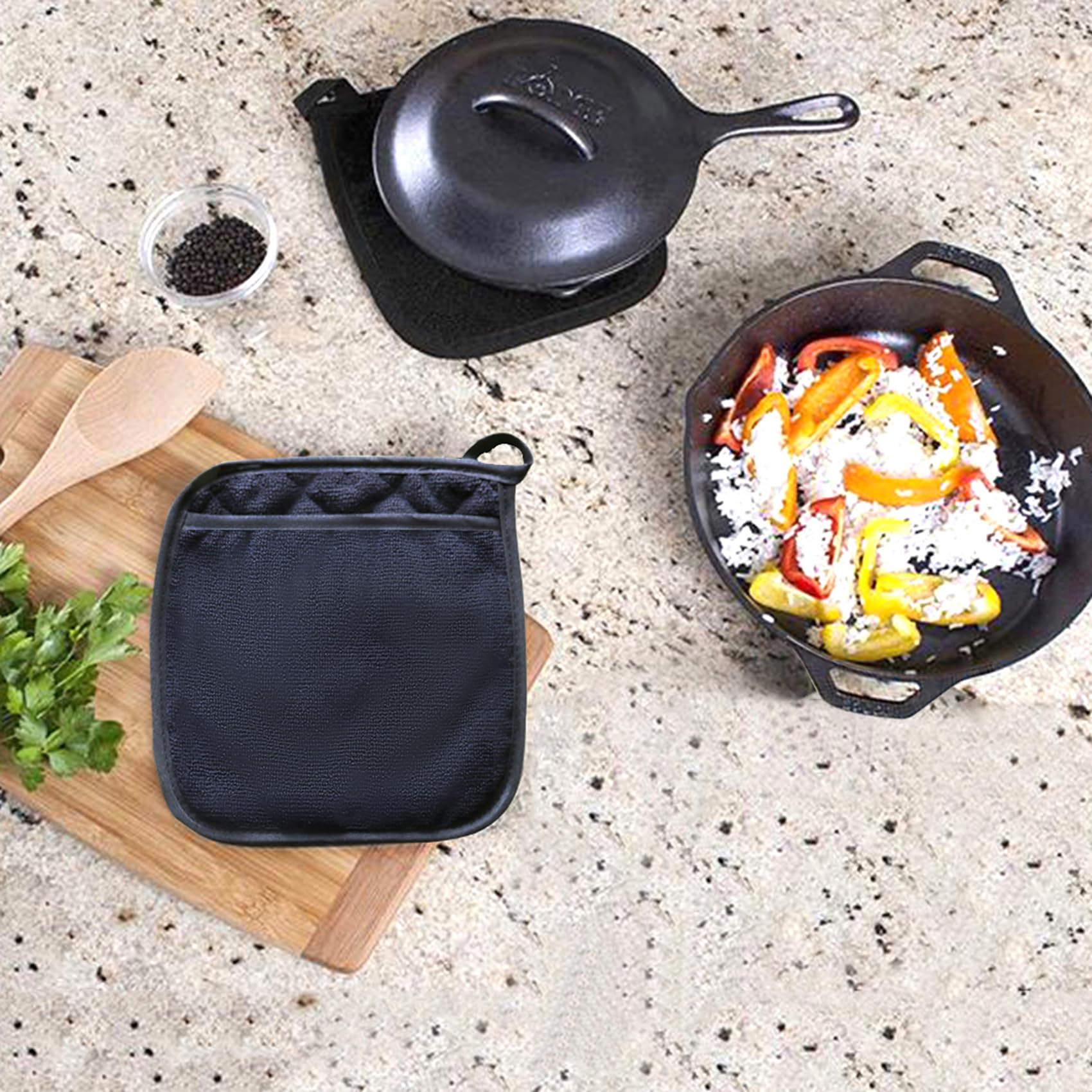 Premium 2-Pack Heat Resistant Cotton Terry Pot Holders for Kitchen - Oven Mitts & Hot Pads Set for Cooking, Baking, Grilling - Ideal for Stovetop, Oven & BBQ Use (Black)