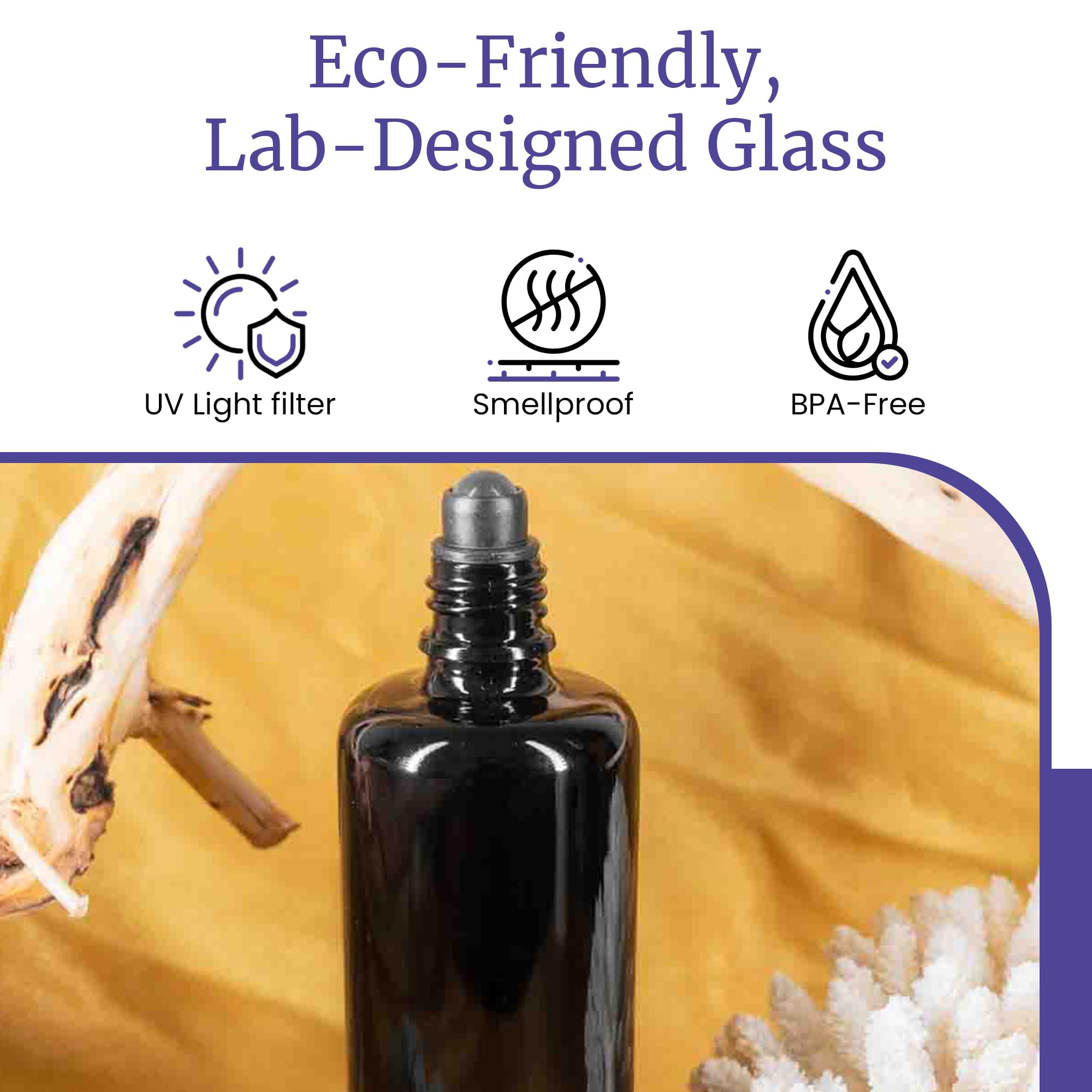 Infinity Jars 10-Pack Black UV-Protective Glass Roller Bottles (100ml/3.4oz) - Airtight Essential Oil Containers with Glass Ball Roller Tips & Black Screw Caps for DIY Beauty, Aromatherapy & Travel Skincare
