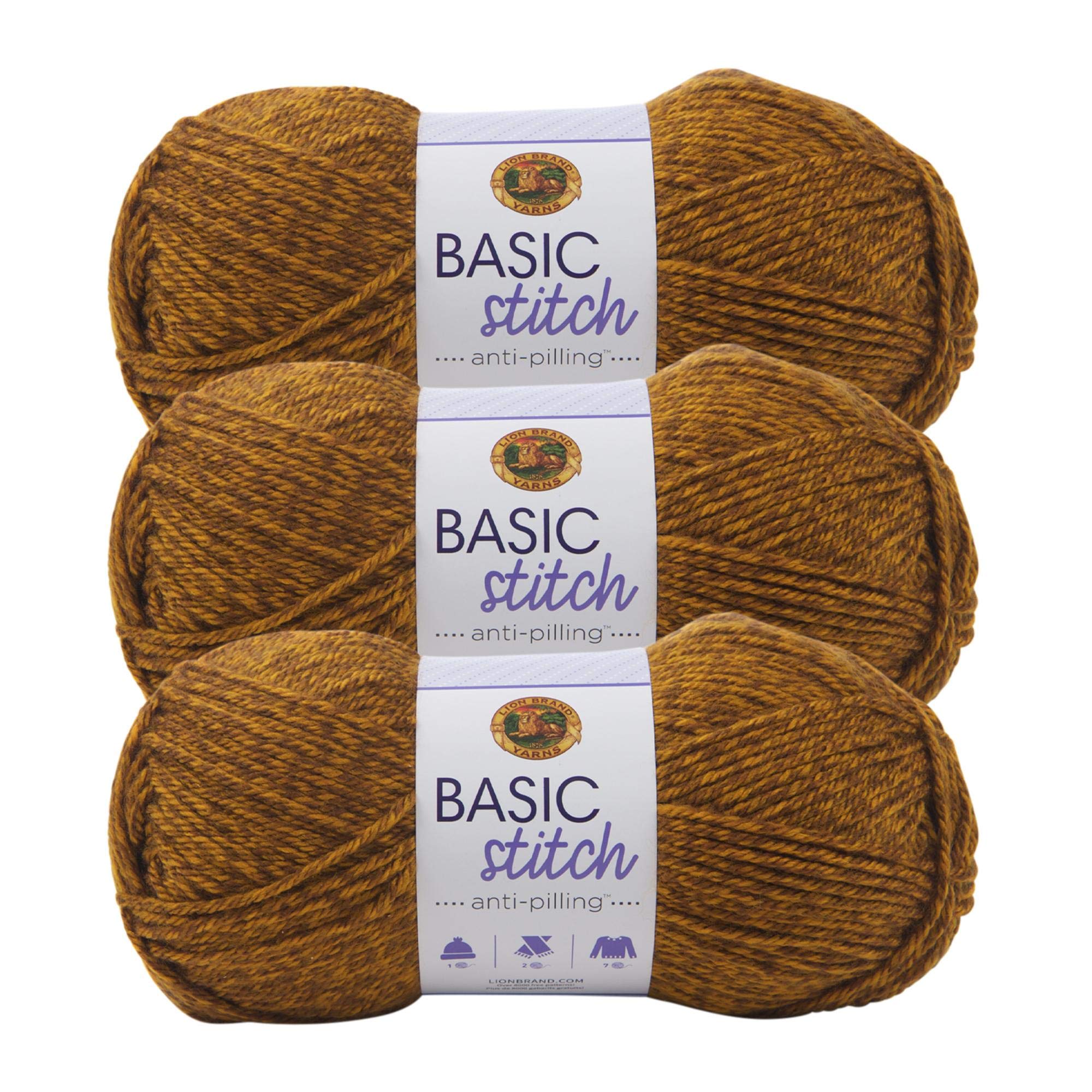 Lion Brand Yarn Basic Stitch Anti-Pilling Knitting and Crochet Yarn - 3 Pack, Gold Heather - Soft Yarn for Scarves, Blankets, and DIY Crafts