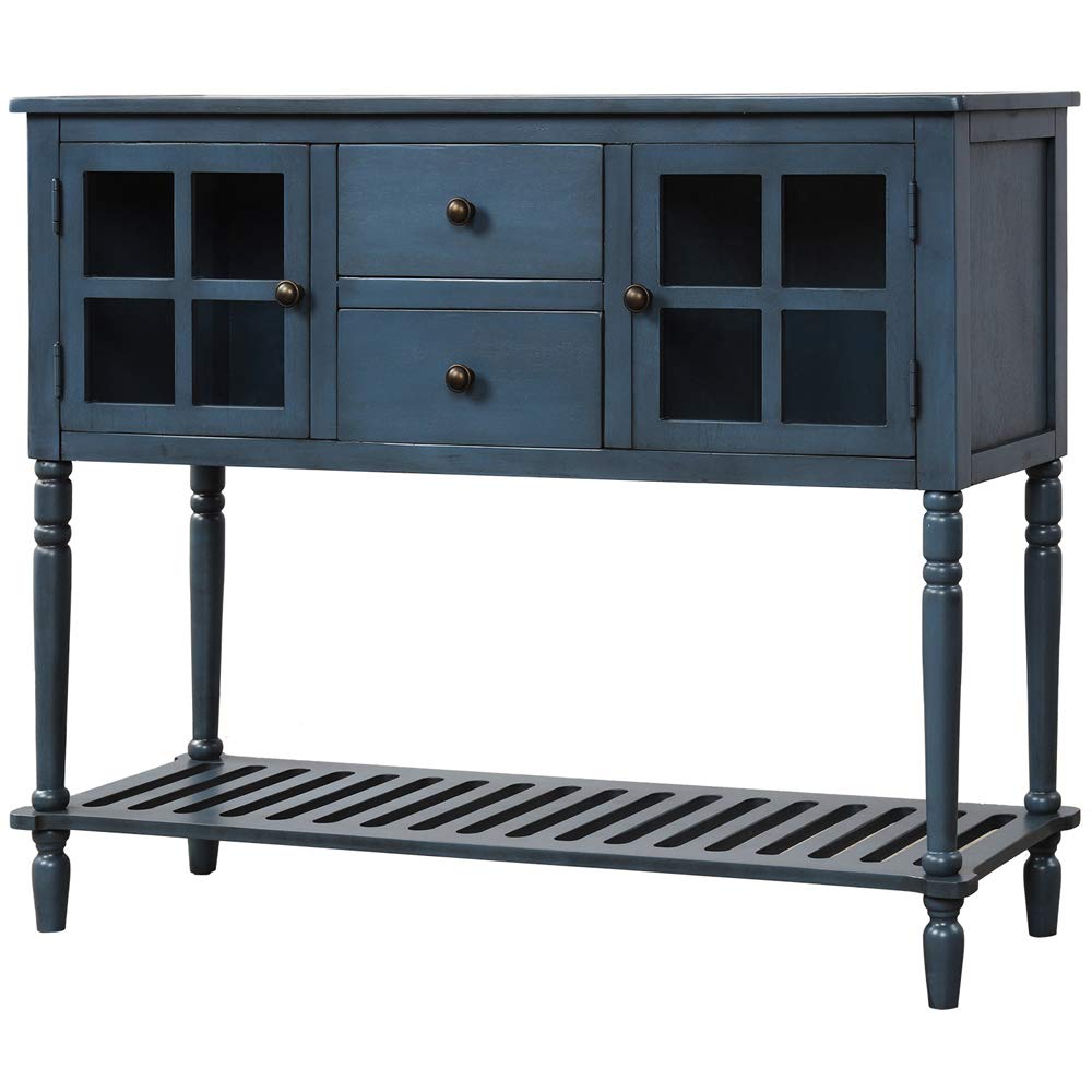 Farmhouse Style Teeker Sideboard Console Table with Bottom Shelf - Wood and Glass Buffet Storage Cabinet for Living Room, Dining Room, or Entryway - Antique Navy Finish - Perfect for Home Decor and Organization