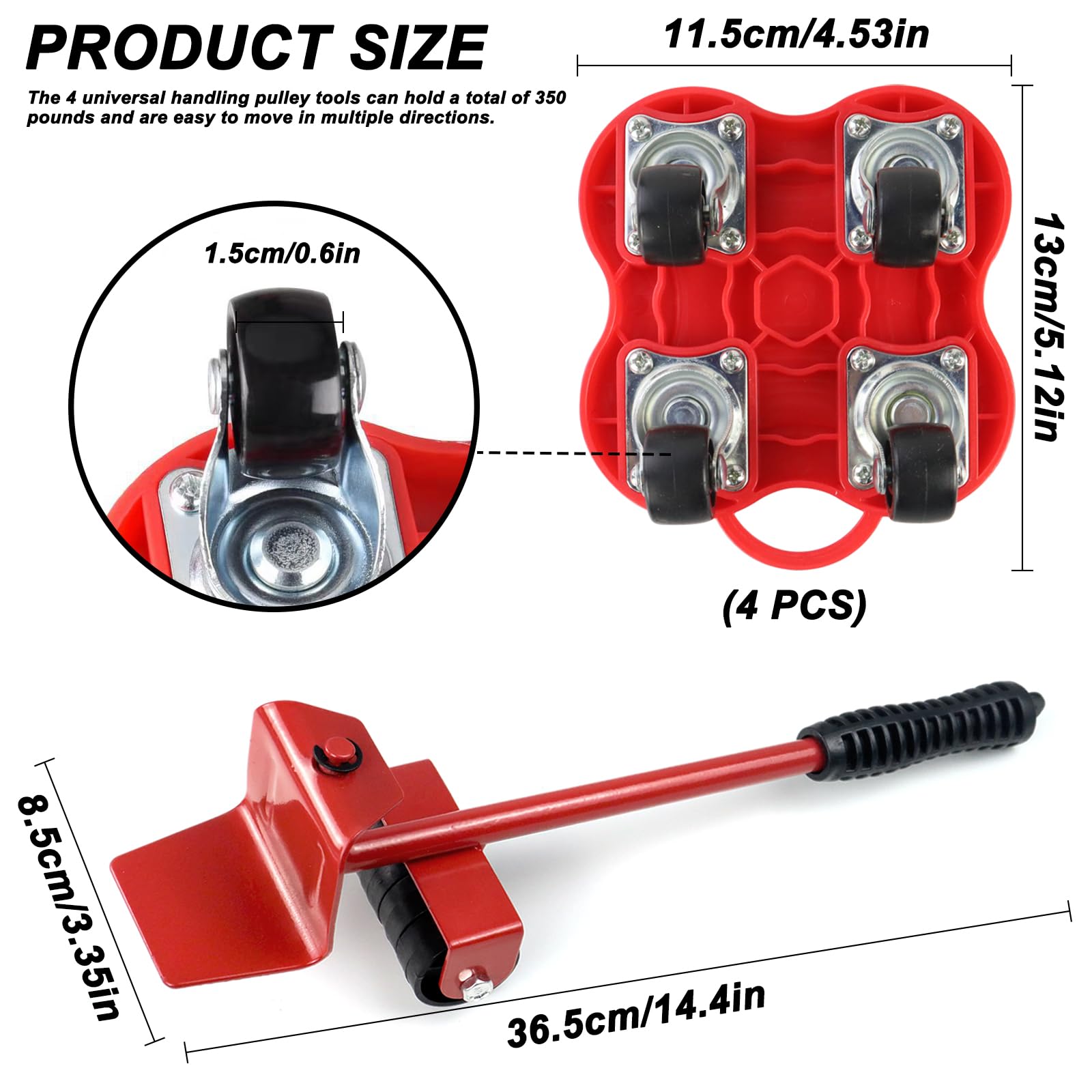 Heavy Duty 4-Wheel Furniture Mover Dolly with 360° Rotation - 1102lbs Capacity for Refrigerator, Sofa & Cabinet - Red Home & Warehouse Moving Equipment - Perfect for Home Renovation, Office Relocation & Furniture Rearranging