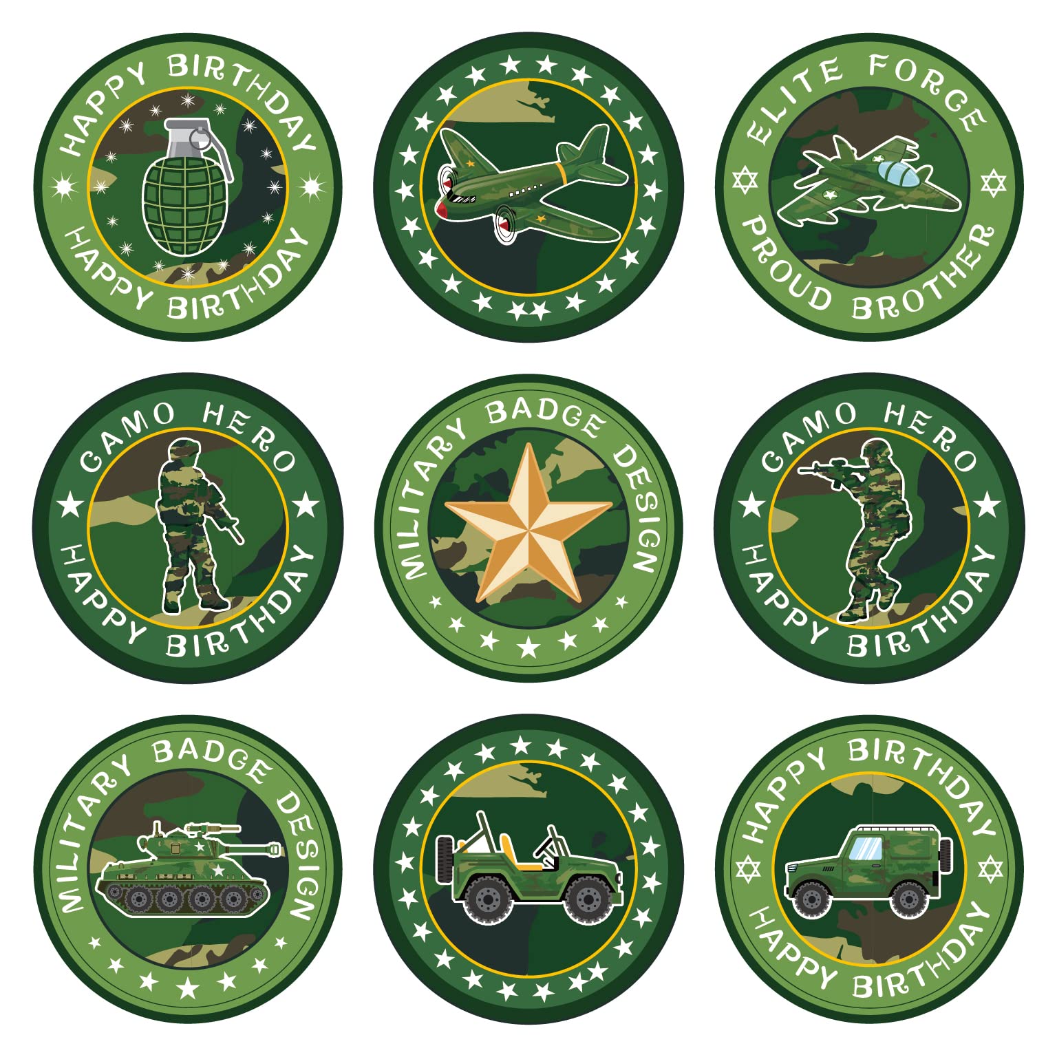 180 Pcs Military Stickers - Round Army Camouflage Decals for DIY, Scrapbooking, Party Favors & Military Themed Decorations | Perfect for Helmets, Laptops, Water Bottles & Gift Wrapping