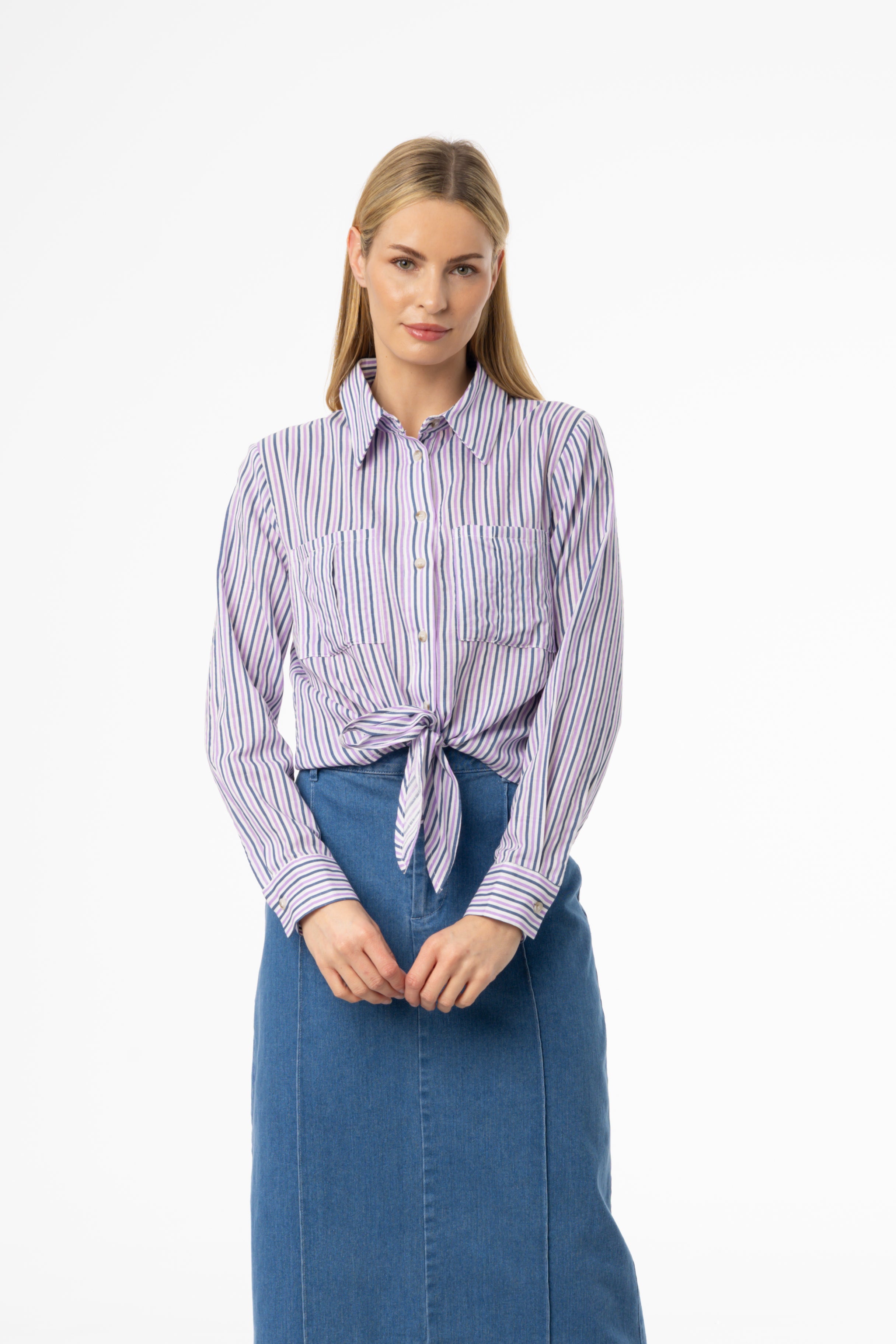Elegant Purple Multi-Striped Tie Blouse for Women - Stylish Office & Party Wear - Perfect for Work, Dates & Special Occasions