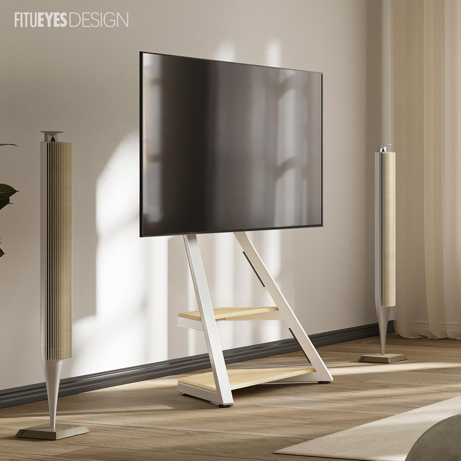 FITUEYES Corner TV Stand for 32-65 Inch Flat Screen TVs - Modern Height Adjustable Entertainment Center with Mount for LCD/LED/Curved Screens - Wooden Open Storage Shelves - Eiffel Series - Perfect for Living Room, Bedroom & Home Theater Setup