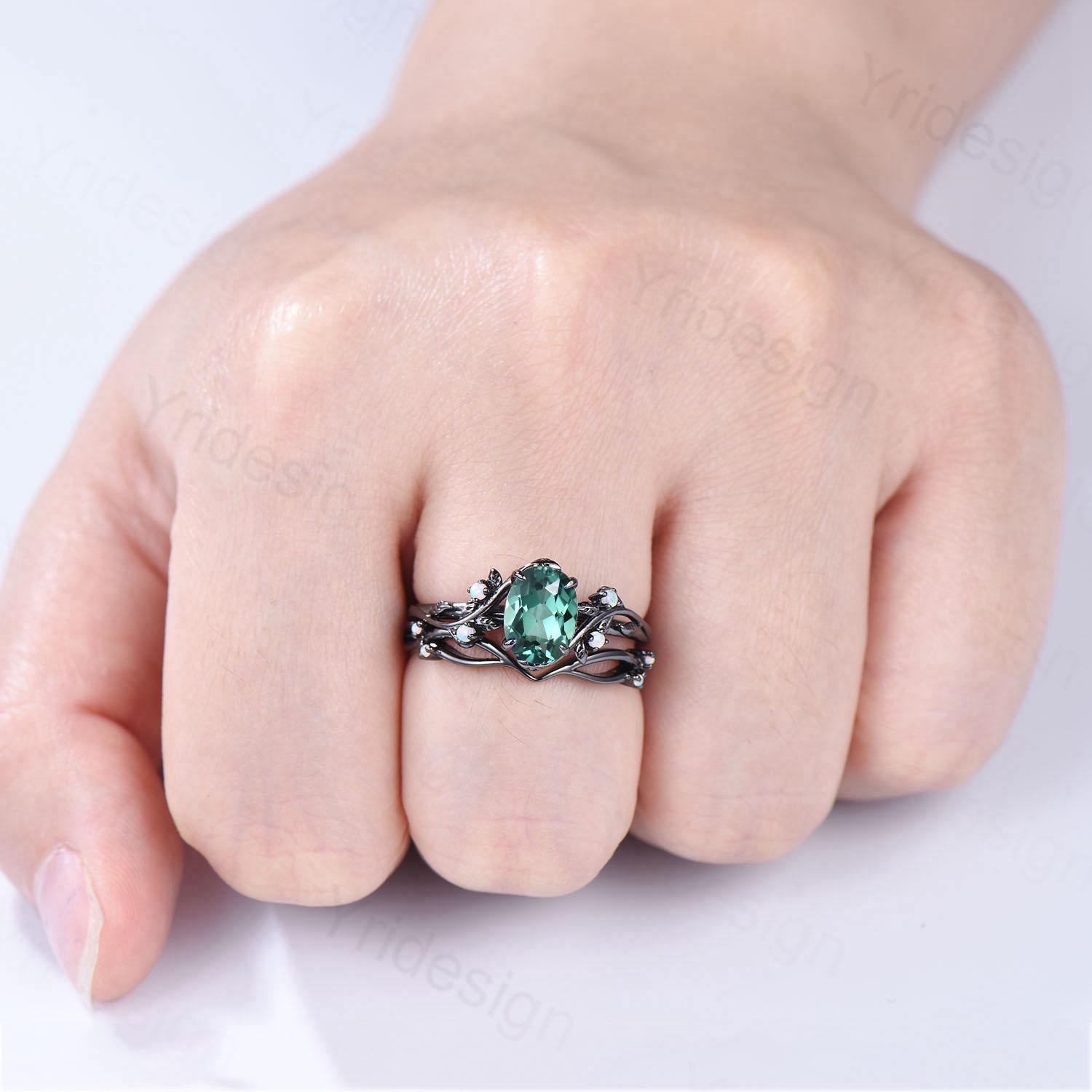 Natural Inspired Black Gold Green Sapphire Wedding Ring Set - Unique Leaf Engagement Ring, Art Deco Cluster Opal Band Ring for Women - Bridal Jewelry Set for Weddings, Anniversaries & Special Occasions