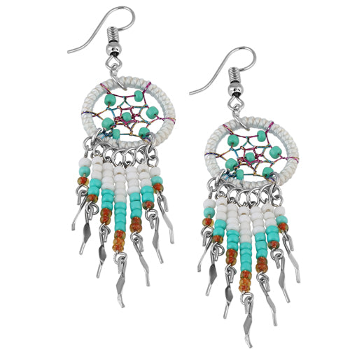 Stainless Steel Dream Catcher Earrings - Off White Silk Thread with Beaded Dangle | Boho Chic Jewelry for Women, Festival Accessories, Everyday Wear