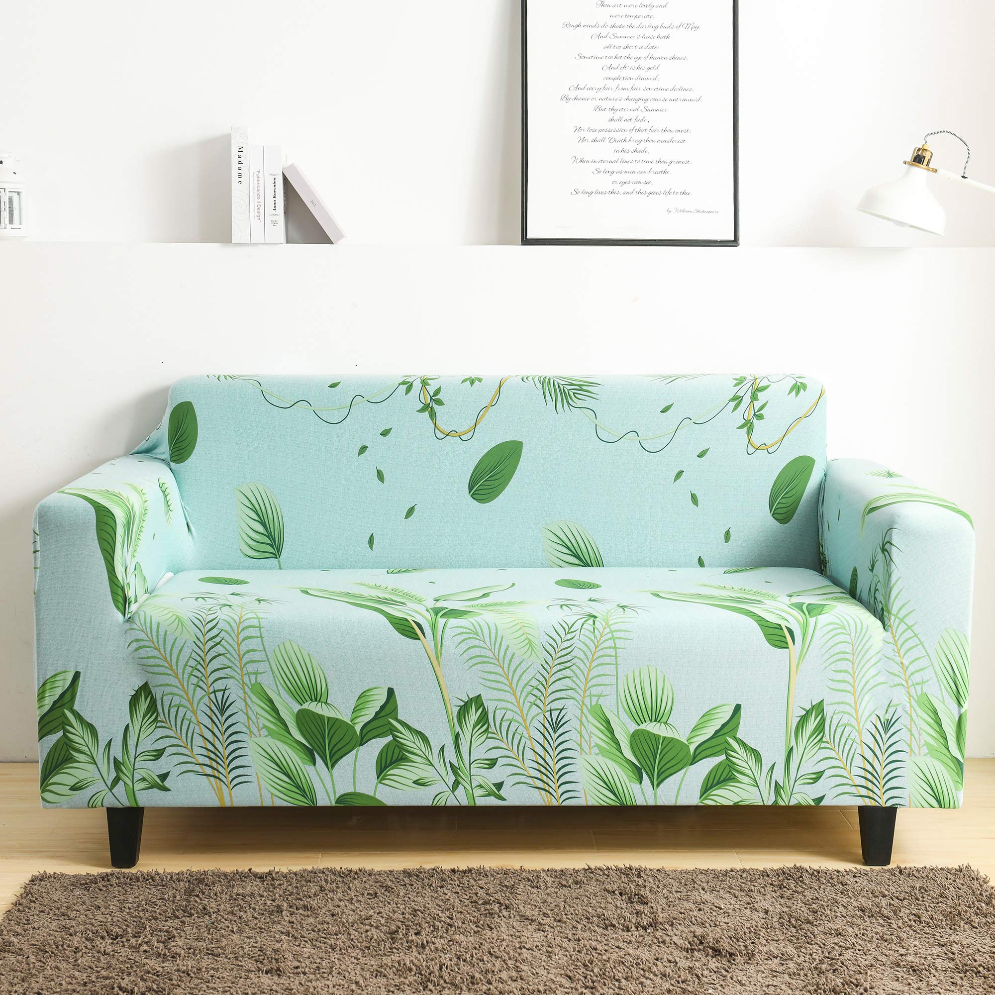 Stretchable Mint Green Sofa Cover with Plant Leaf Pattern - Non-Slip, Washable Furniture Protector for Couch, Loveseat & Sofa | Perfect for Living Room, Home Decor & Pet Protection