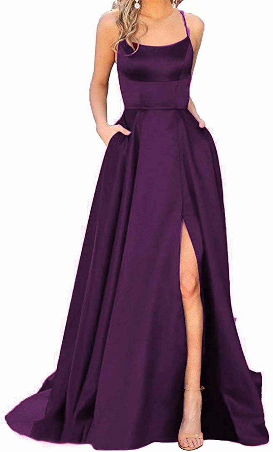 Elegant Women's Halter Prom Dresses - Long Side Split Backless Satin Formal Evening Gowns with Pockets - Grape Color Size 8 | Perfect for Prom Night, Homecoming, Cocktail Parties & Special Occasions
