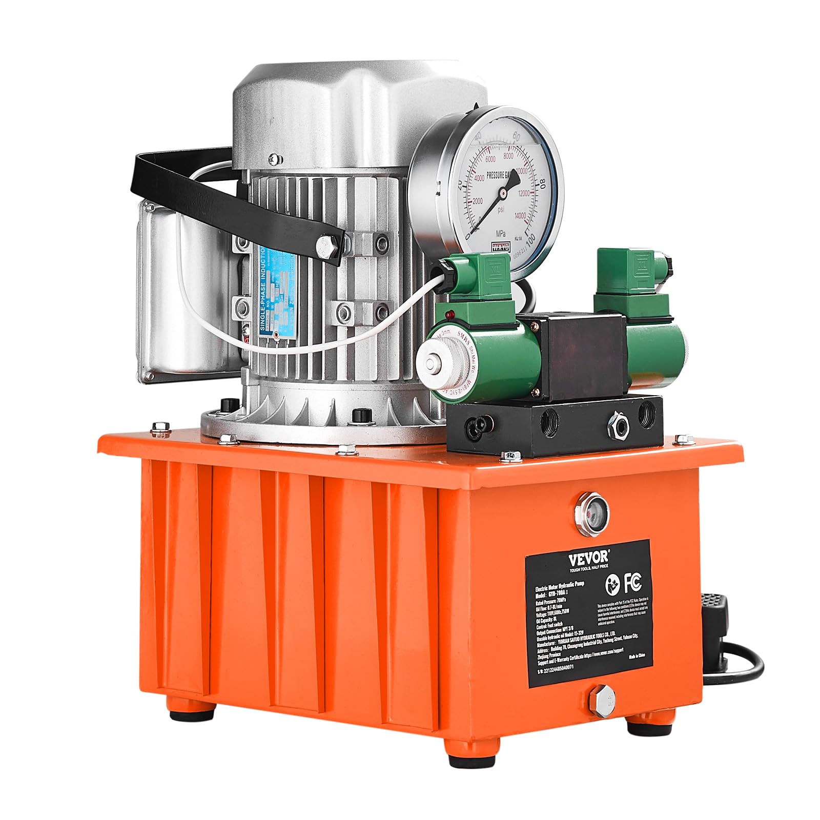 VEVOR 8L Hydraulic Power Pack Unit - Double Acting Solenoid Valve, 488 in³ Capacity, Electric Driven with Foot Pedal Switch for Punch Press, Metal Bending & Hydraulic Jack - Heavy Duty Industrial Use (Orange)