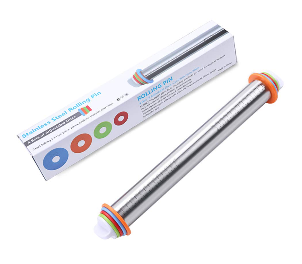 17 Inch Adjustable Stainless Steel Rolling Pin with 4 Thickness Rings - Non Stick Dough Roller for Baking Pizza, Pie, Cookies & Pastry | Perfect for Home Bakers & Professional Kitchens