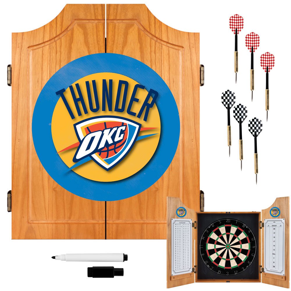 Oklahoma City Thunder NBA Wooden Dartboard Cabinet Set - Premium Dart Board Game for Sports Fans & Home Bar Decor - Perfect for Game Rooms, Man Caves & Sports Themed Parties