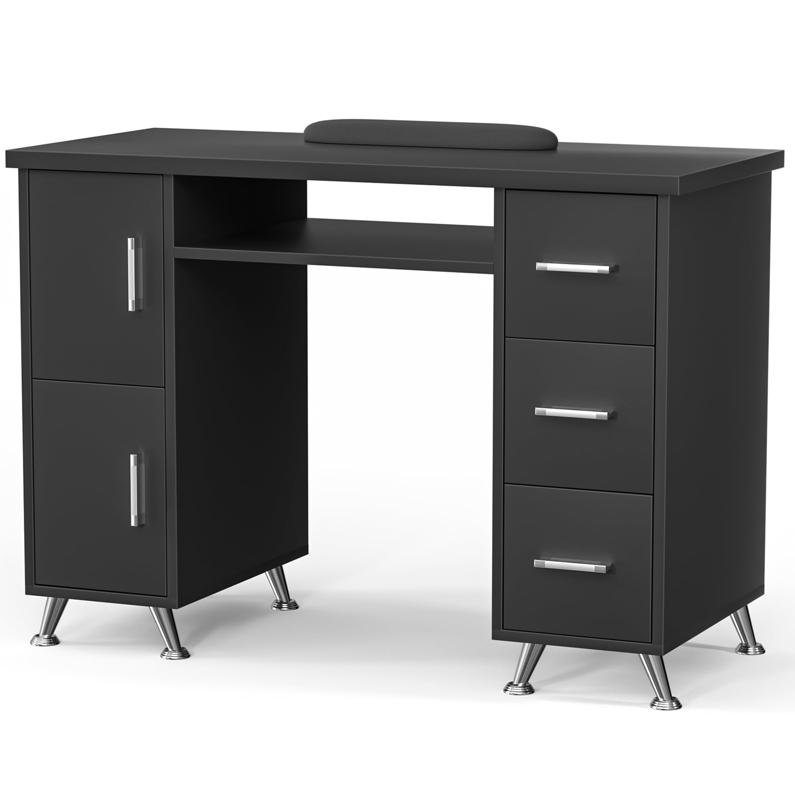 Professional Nail Tech Desk with Storage Cabinets & Drawers - Heavy Duty Metal Legs, Wrist Pad - Perfect for Salon, Spa & Home Manicure Station (Black) - Ideal for Nail Artists, Beauty Professionals & DIY Enthusiasts