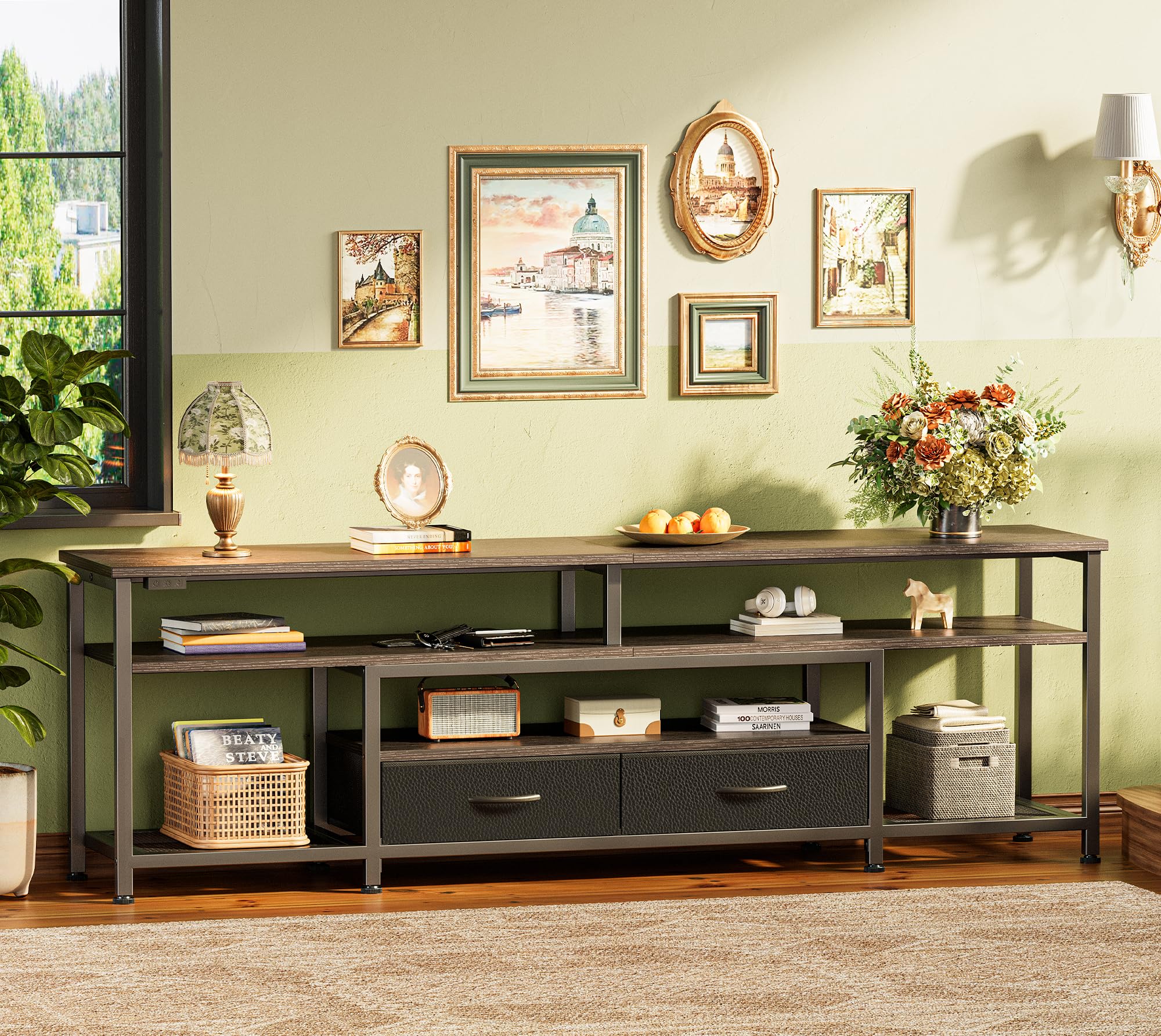 Huuger 65-70 Inch TV Stand with Power Outlets & LED Lights - Modern Entertainment Center with Storage Drawers & Shelves - Black Media Console for Living Room, Home Theater & Gaming Setup