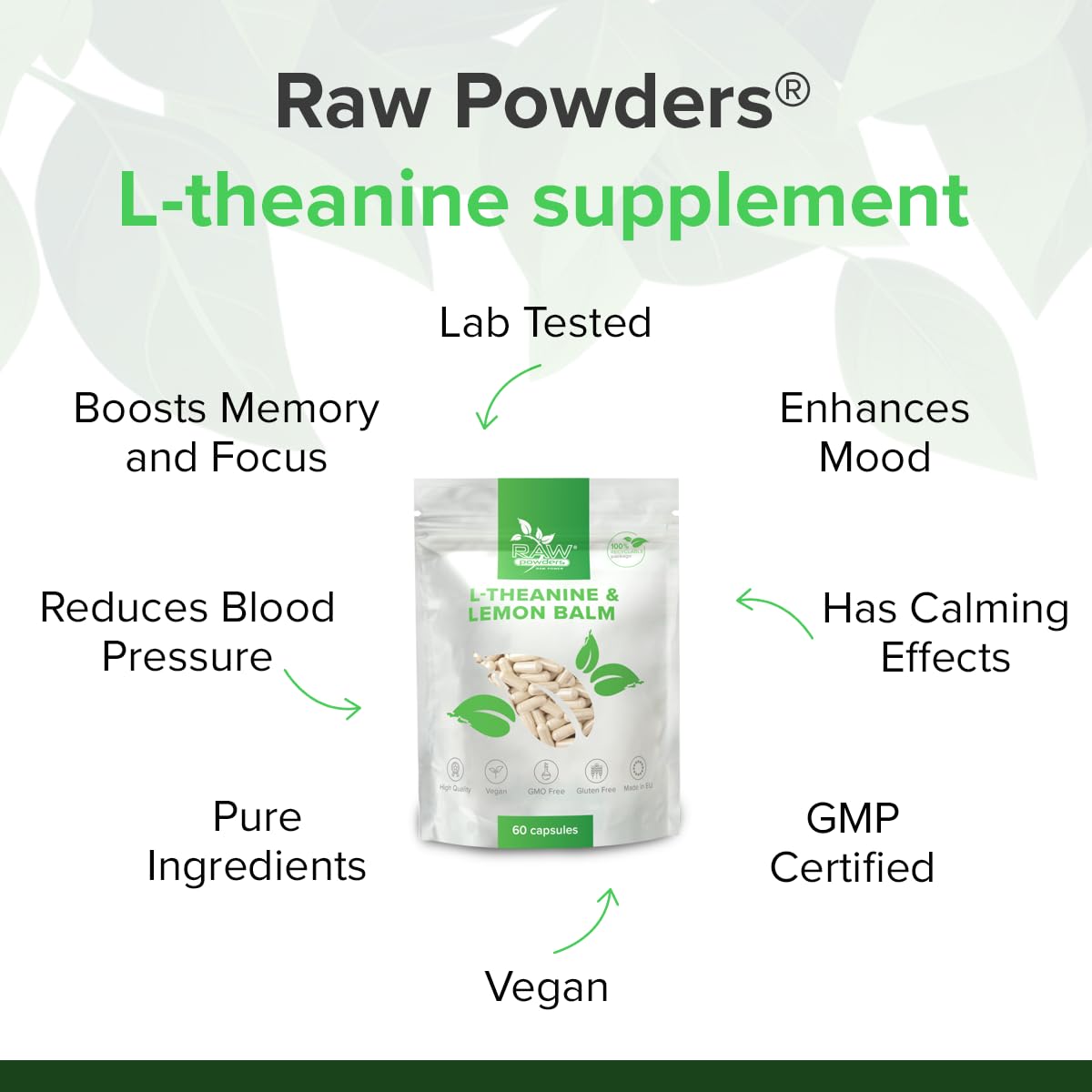 Raw Powders L-Theanine 200mg, 180 Capsules – Natural Relaxation & Focus Supplement – Non-GMO, Gluten-Free, GMP Certified Nootropic – Stress Relief & Mental Clarity for Work, Study, and Meditation