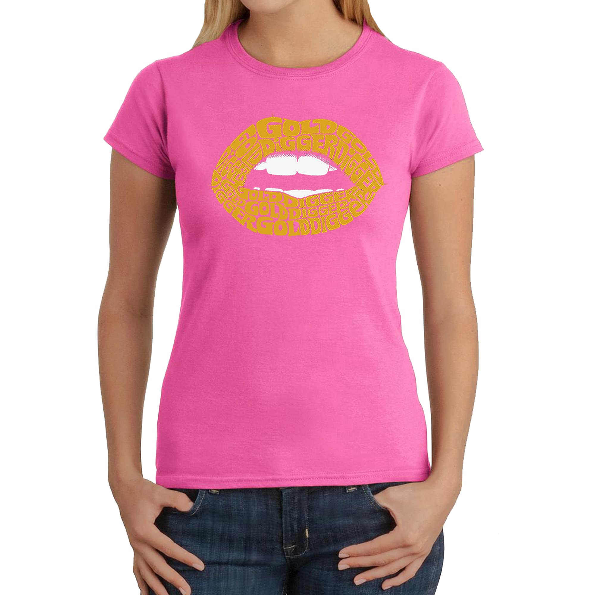 LA POP ART Women's Word Art T-Shirt - Gold Digger Lips Design | Funny Sarcastic Graphic Tee for Women | Perfect for Parties, Girls Night Out & Casual Wear