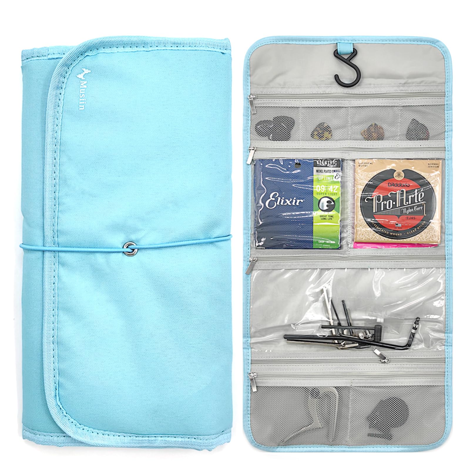 **Foldable Guitar Accessory Organizer Bag with Pockets - Holds Picks, Strap, Capo & Strings - Portable Storage Case (Blue) - Perfect for Travel, Practice & Gig Storage**