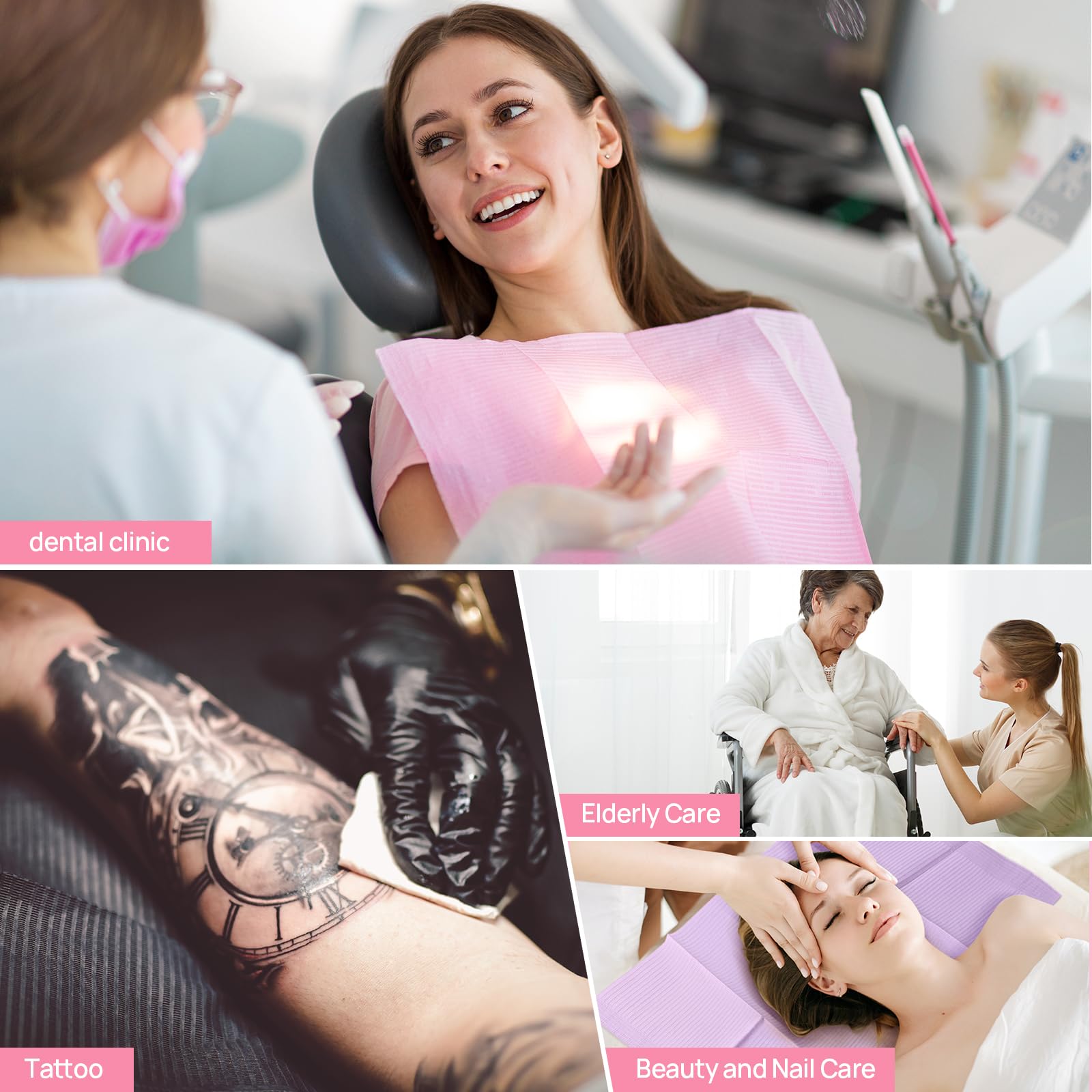 JMU 2500 Disposable Dental Bibs - 2-Ply Tissue & 1-Ply Film, Pink Dental Patient Bibs, 13