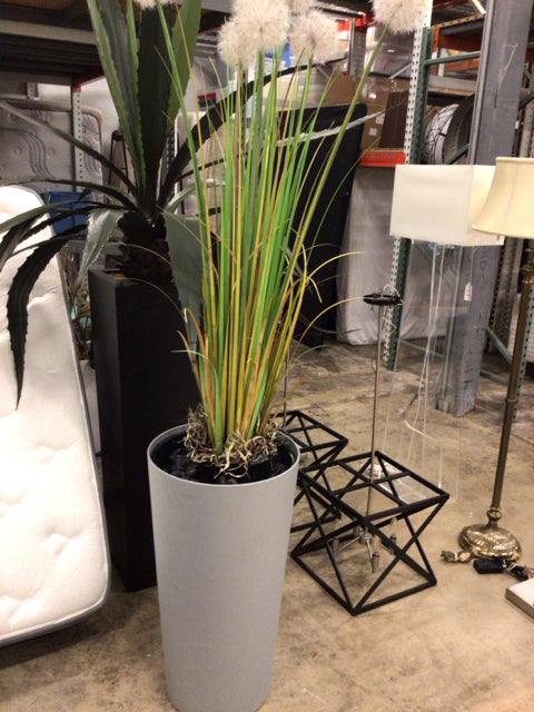 Modern Grey Cylinder Planter with Artificial Flowers and Decorative Rocks - Perfect for Home, Office, and Indoor/Outdoor Decor