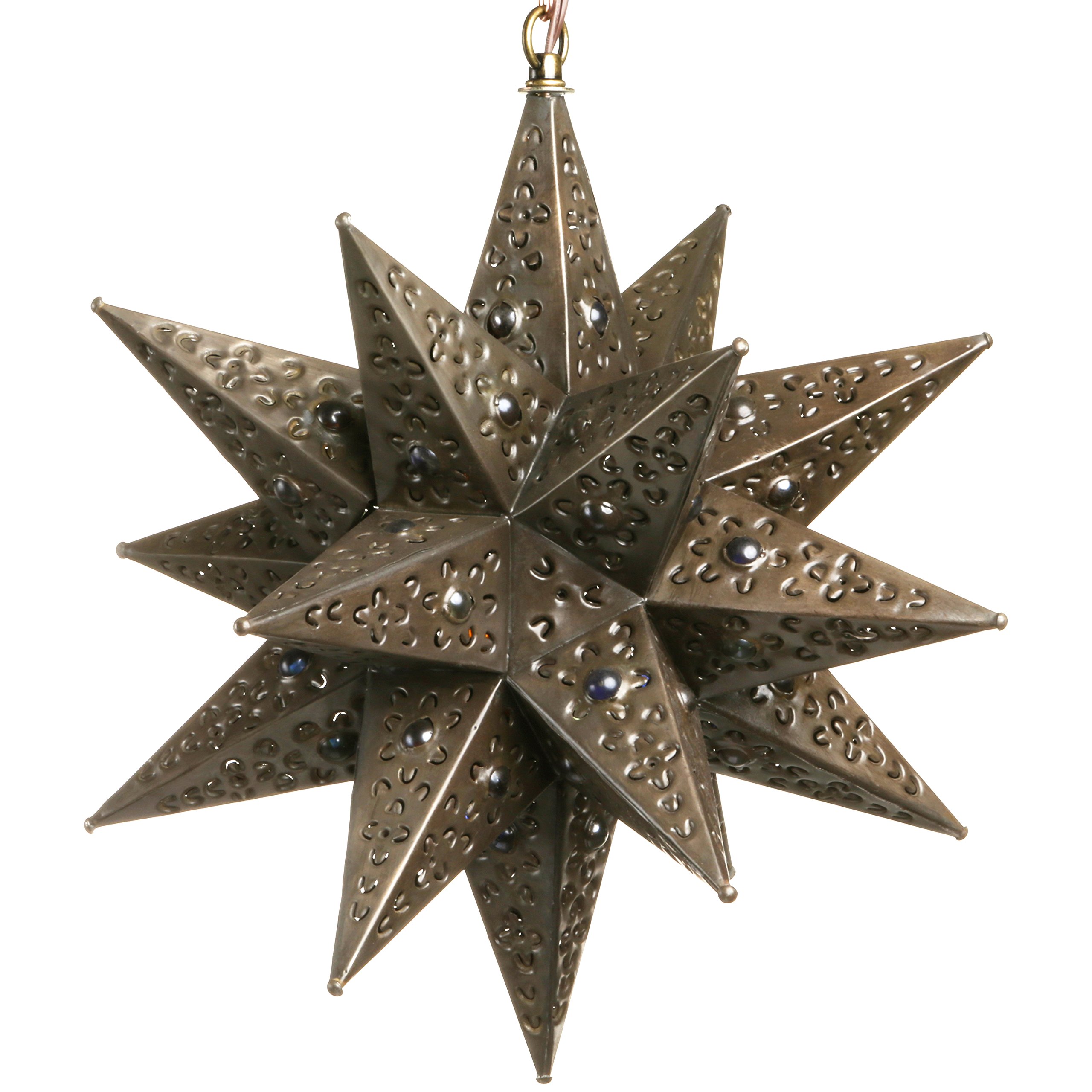 12 Inch Moravian Hanging Tin Star Light with Flower Cut Design and Glass Marbles - Christmas Decor, Holiday Home Lighting, Outdoor Patio Decoration