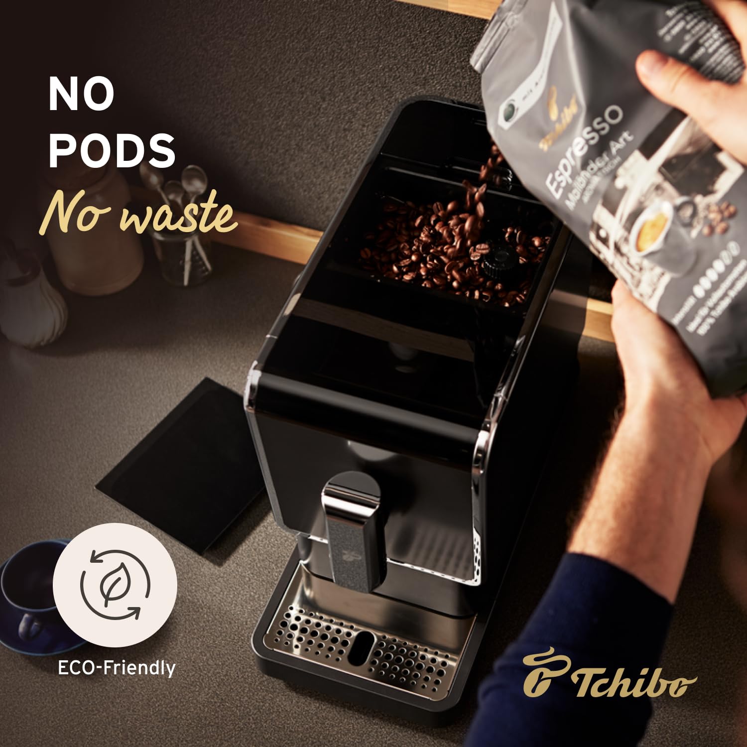 Tchibo Automatic Espresso & Coffee Machine with Built-in Grinder - Silver | Includes 3 x 12 oz. Bags of Whole Bean Coffee | Perfect for Home, Office & Cafe Use
