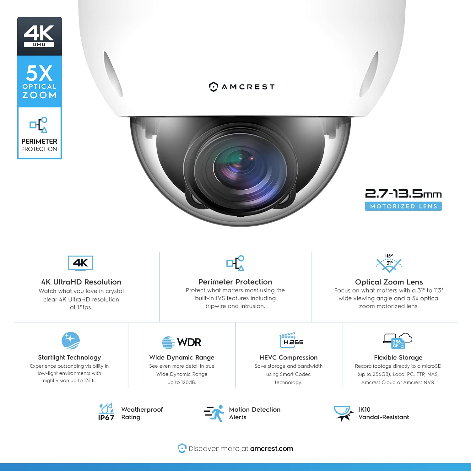 Amcrest 4K Ultra HD 8MP POE Security Camera with Optical Zoom - Outdoor Varifocal Dome Camera (2.7mm-13.5mm Lens), IP67 Weatherproof & IK10 Vandal Resistant, MicroSD Recording (IP8M-VD2793EW) - Ideal for Home Security, Business Surveillance & Property Monitoring