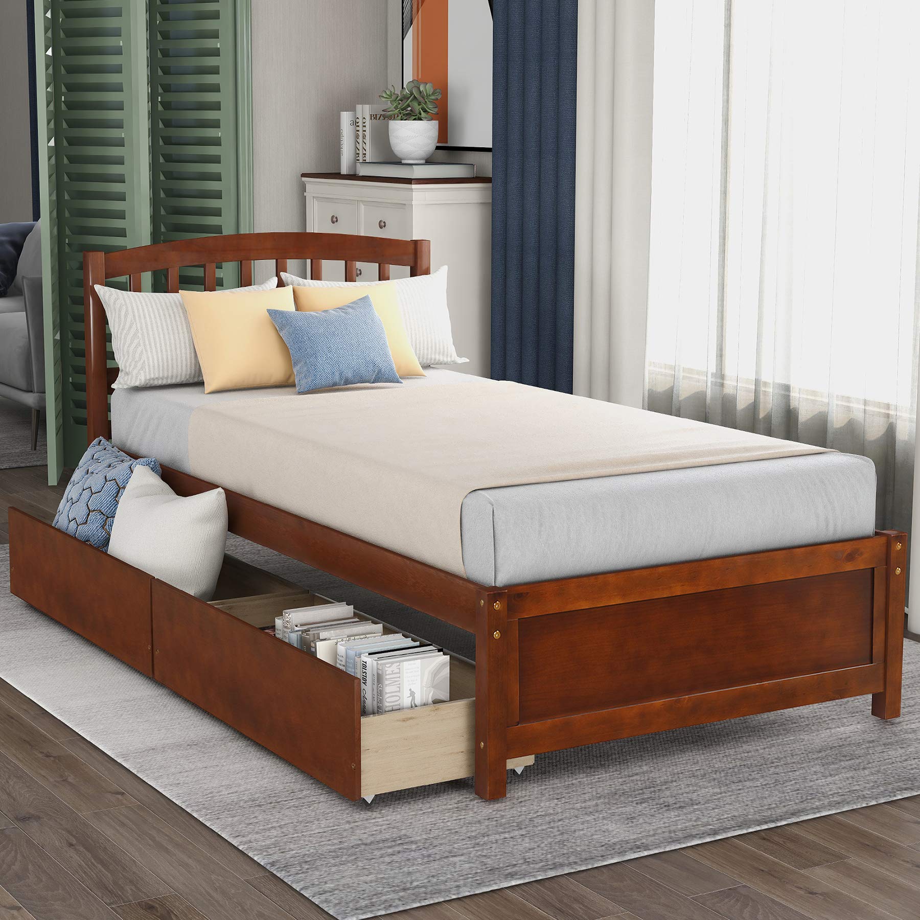 P PURLOVE Twin Wood Storage Bed Frame with 2 Drawers & Headboard - Space-Saving for Small Bedrooms