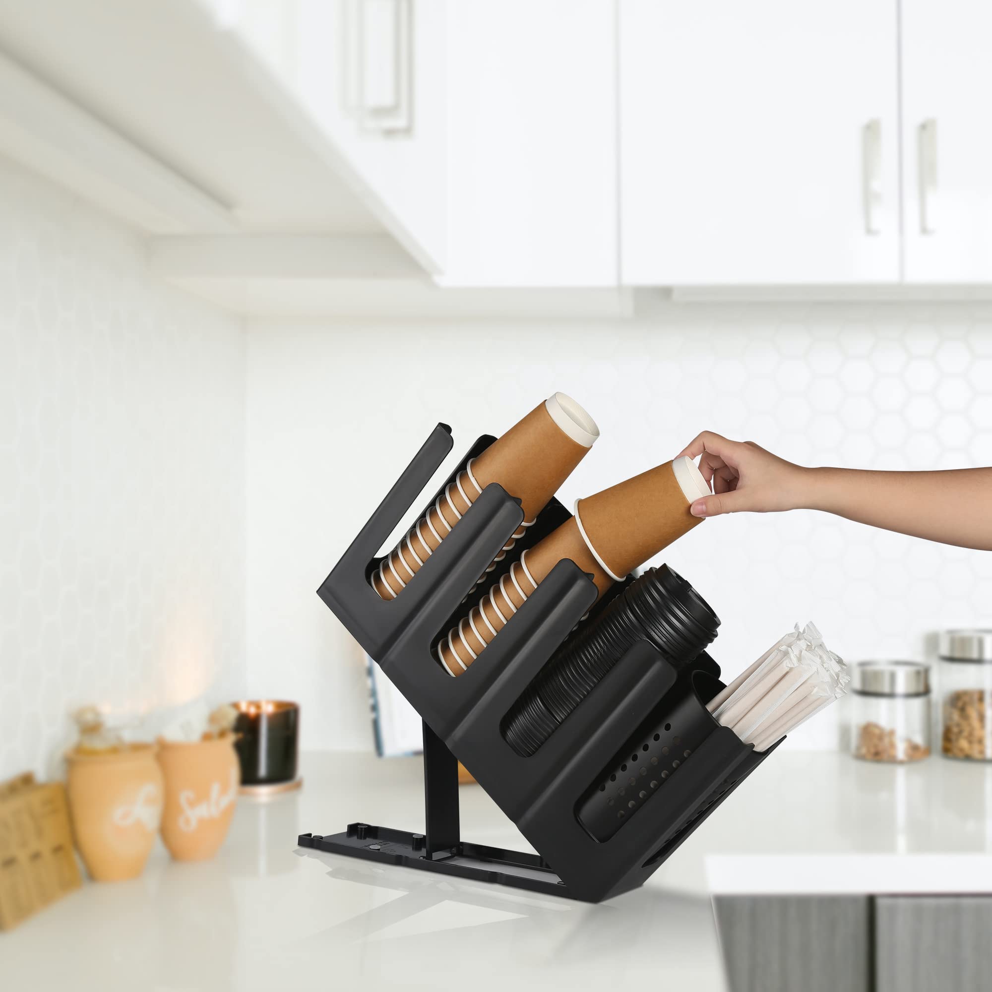 Black Disposable Coffee Cup and Lid Holder with Straw Organizer - Countertop Dispenser for Coffee Station, Bar, Restaurant & Breakroom - Perfect for Quick Service, Office Coffee Setup & Home Use
