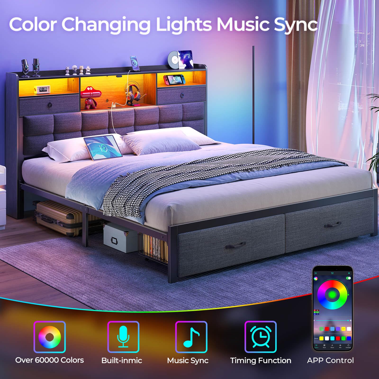 Rolanstar King Size Upholstered Platform Bed Frame with Storage Drawers, USB Charging Station & LED Headboard - Heavy Duty Metal Frame, No Box Spring Needed, Noise Free (Grey) - Perfect for Modern Bedrooms, Guest Rooms & Small Spaces