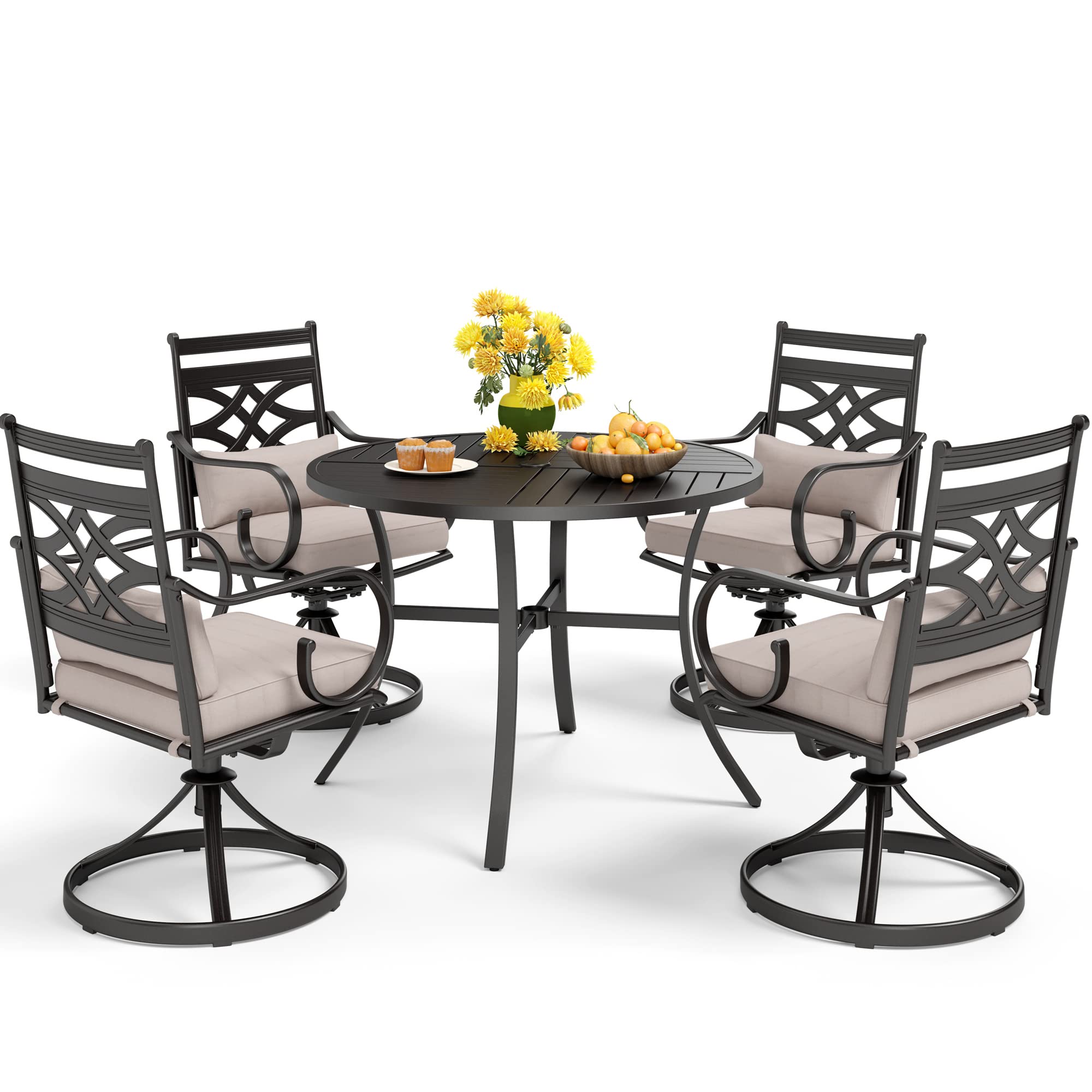 MFSTUDIO 5-Piece Outdoor Patio Dining Set with 4 Swivel Chairs & 1 Round Table - All-Weather Heavy Duty Black Metal Frame - Perfect for Backyard, Garden, Deck or Poolside Dining