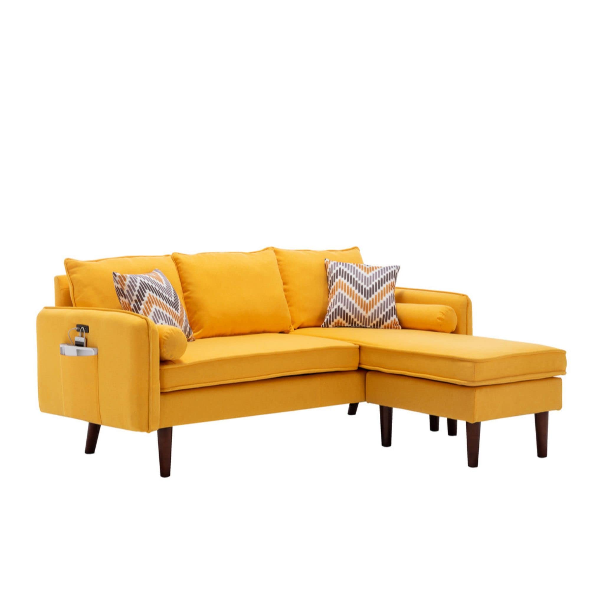 Lilola Home Mia Yellow Sectional Sofa Chaise with USB Charger & Pillows - Modern Living Room Furniture for Small Spaces, Comfortable Couches for Apartments and Family Rooms