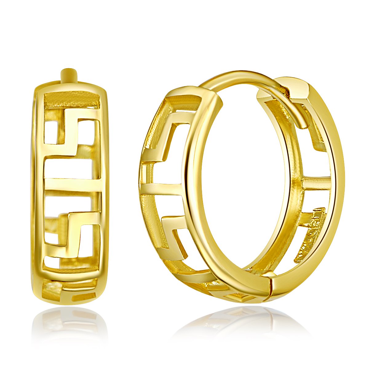 Wellingsale 14k Yellow Gold Greek Key Huggie Hoop Earrings for Women - 4mm Wide, 12mm Diameter - Elegant & Polished Design for Everyday Wear, Parties & Special Occasions
