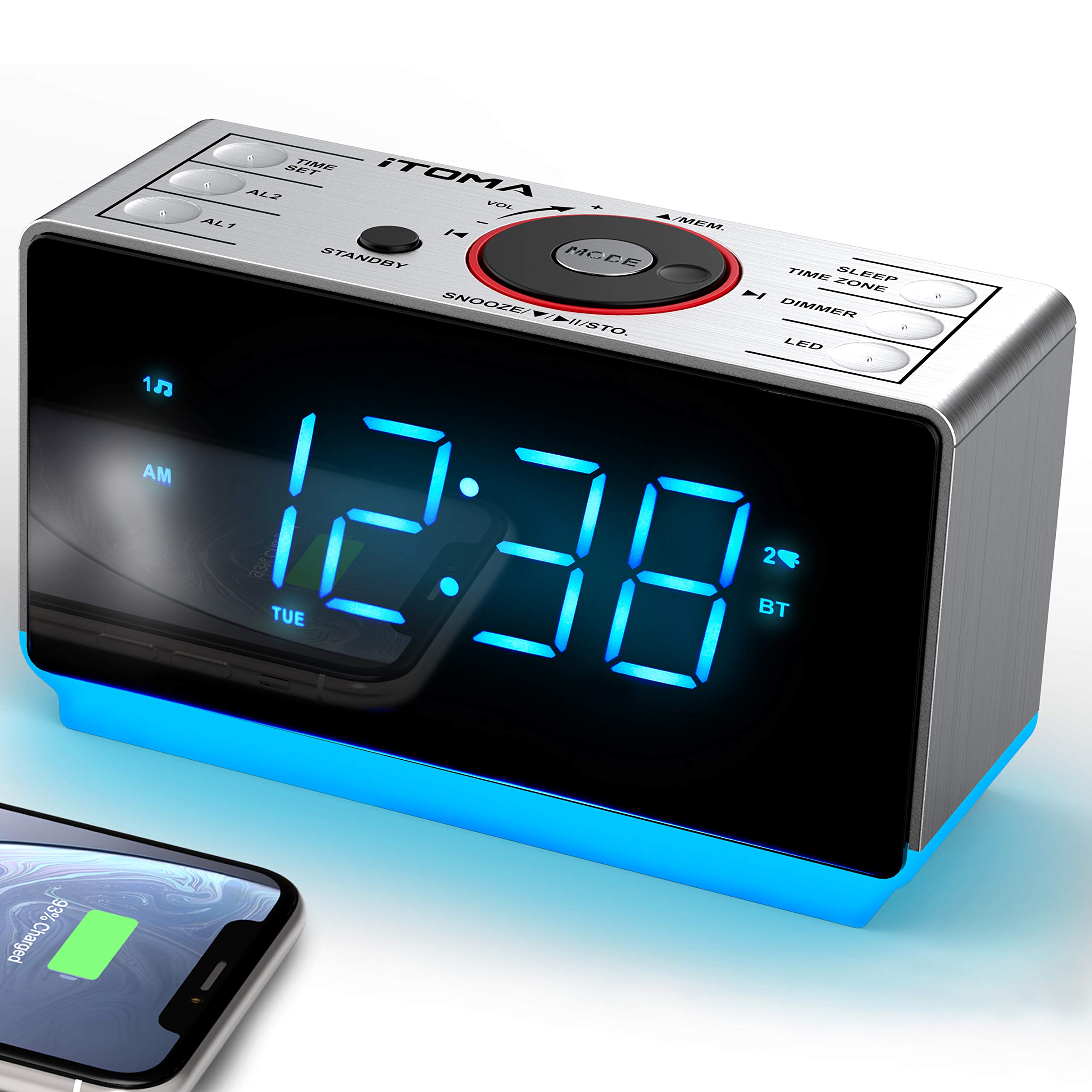 iTOMA CKS708 Bluetooth Alarm Clock Radio with FM, Dual Alarm & Snooze, Large LED Display, Dimmer Control, USB Charger & Night Light - Perfect for Bedroom, Office, and Travel