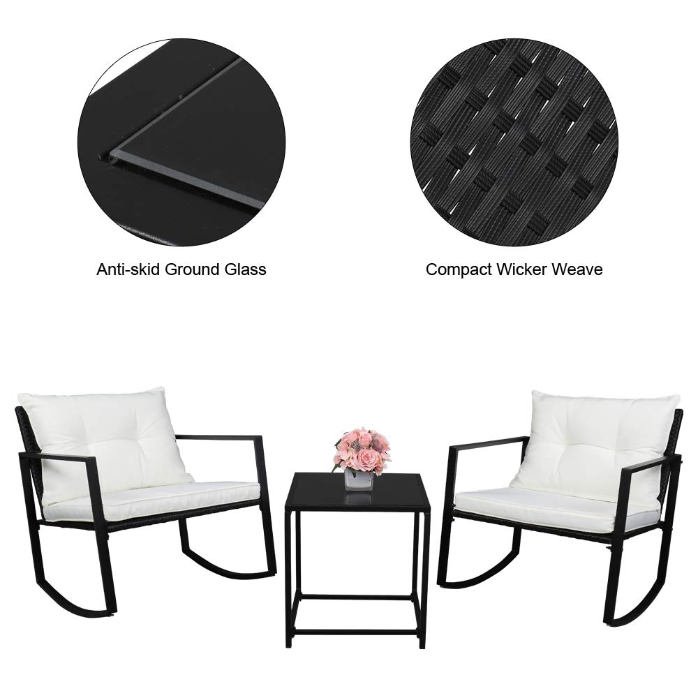 Modern 2-Piece Coffee Table & Rocking Chair Set - Black Rattan Bistro Furniture for Patio, Garden, or Living Room Conversation Area