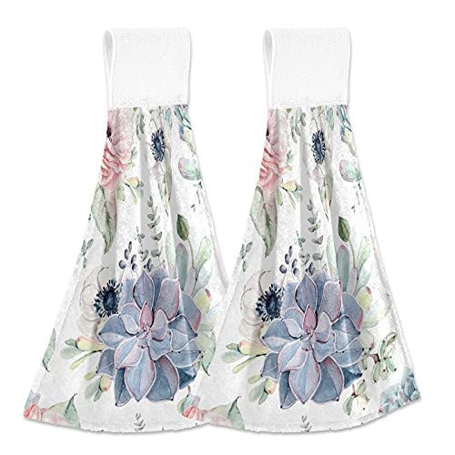 Spring Succulent Plant Watercolor Floral Hanging Hand Towels - 2 Pack Absorbent Kitchen & Bathroom Towels with Loops for Home Decor | Perfect for Farmhouse, Cottage & Boho Style Kitchens