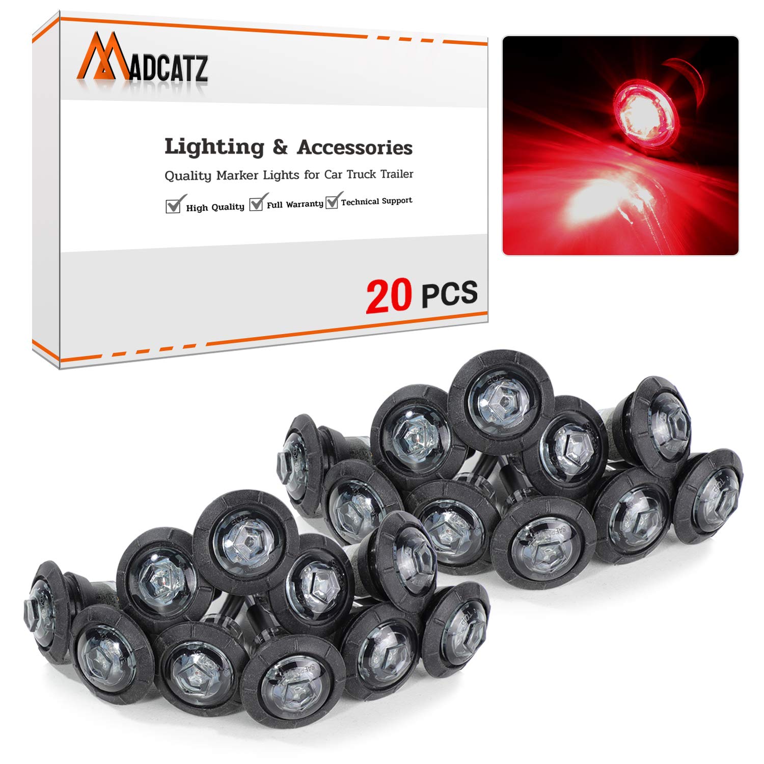 MADCATZ 20-Pack 3/4 Inch Mini Round Smoked Lens Red LED Clearance Marker Lights - Waterproof 12V DC Universal Trailer Truck Lights with Rubber Grommet for Pickup, Lorry & Commercial Vehicles - Perfect for Night Driving Safety & Vehicle Visibility