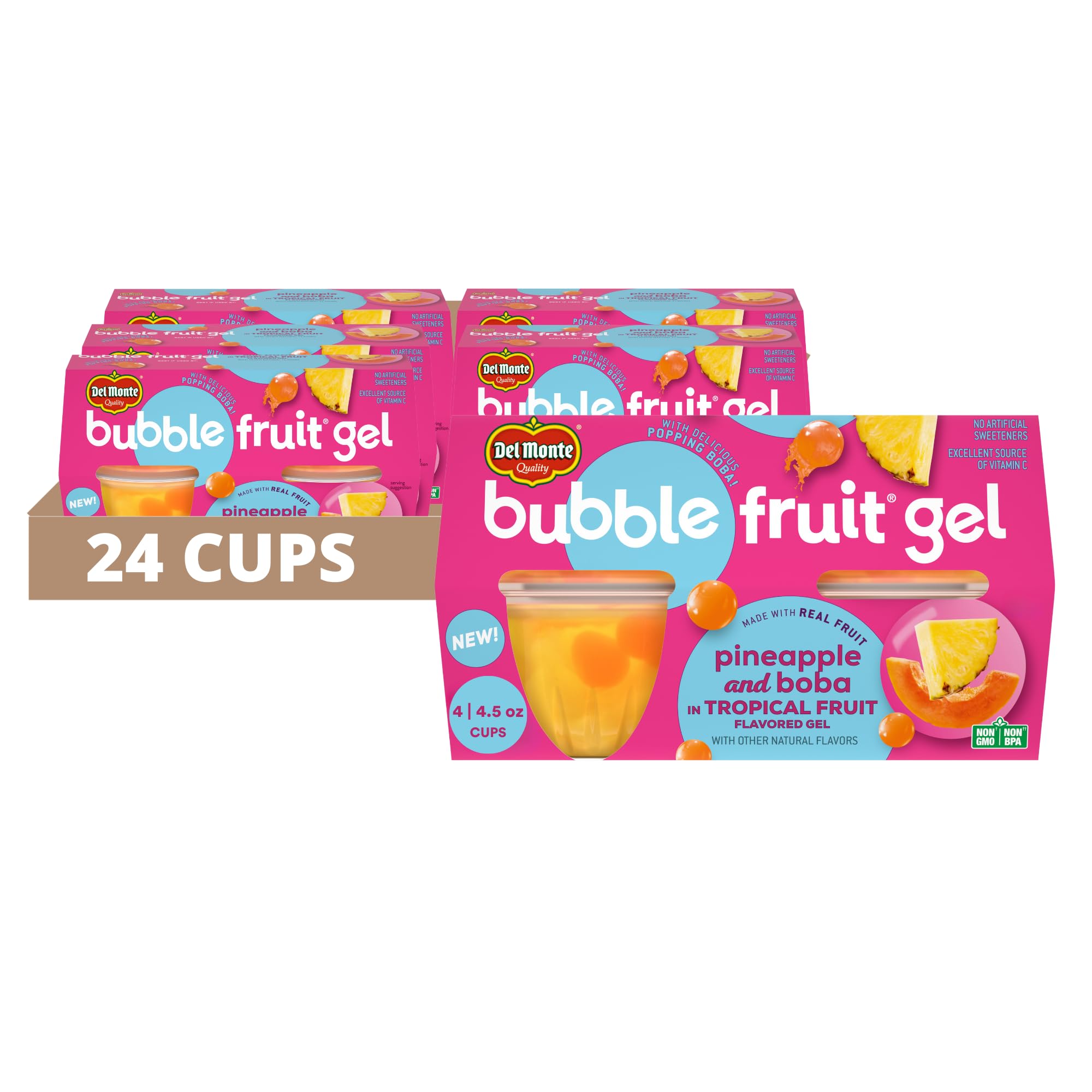 Del Monte Bubble Fruit Gel with Pineapple & Boba in Tropical Fruit Flavors, 4.5oz (24 Count) | Real Fruit Juice & Popping Boba Pearls | Healthy Lunch Snacks, School Lunch, Office Snacks, Party Treats & Fruit Cups for Kids & Adults