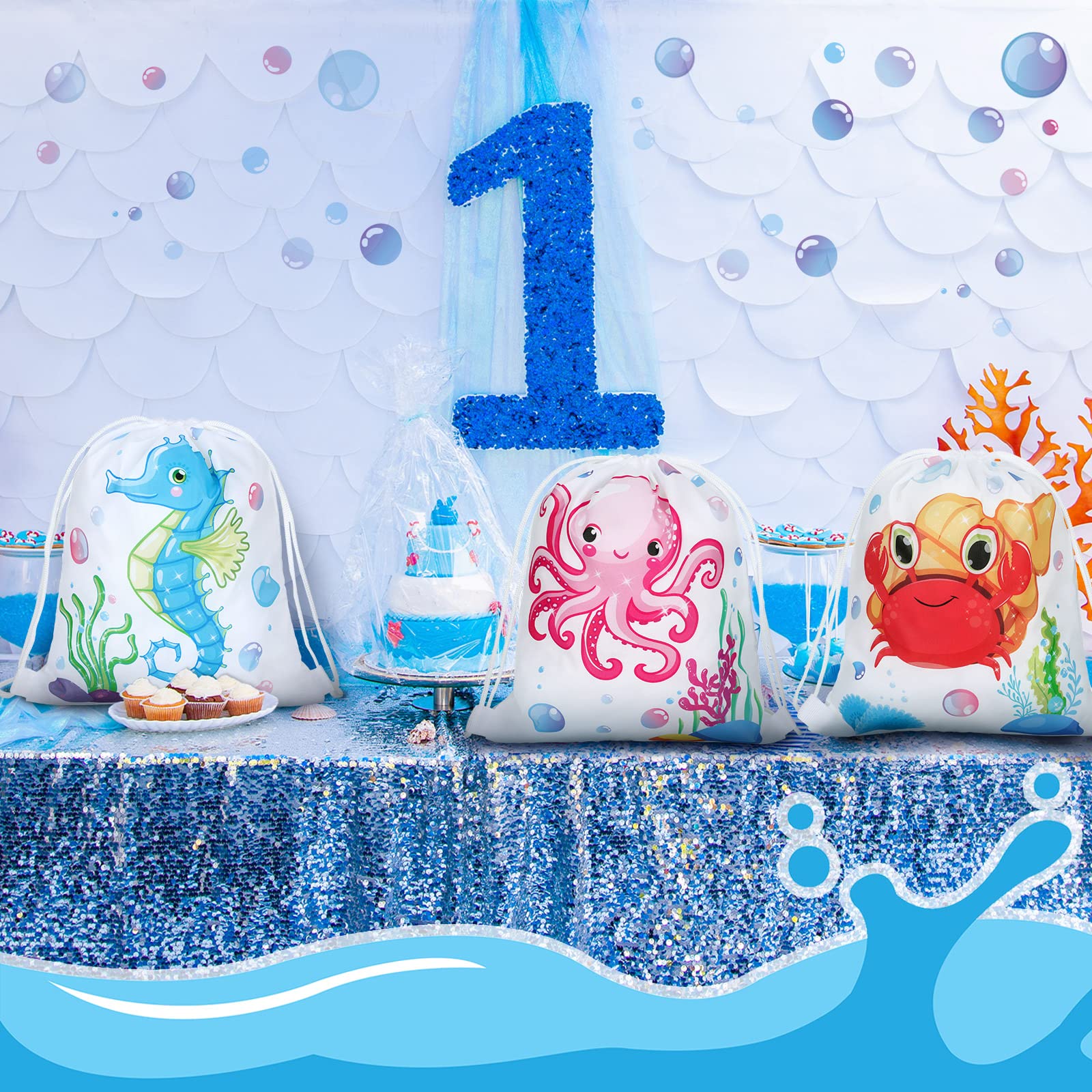 16 Pack Ocean Theme Party Favor Bags - Reusable Sea Animal Drawstring Goodie Bags for Kids Birthday, Underwater Party Decorations (11.8