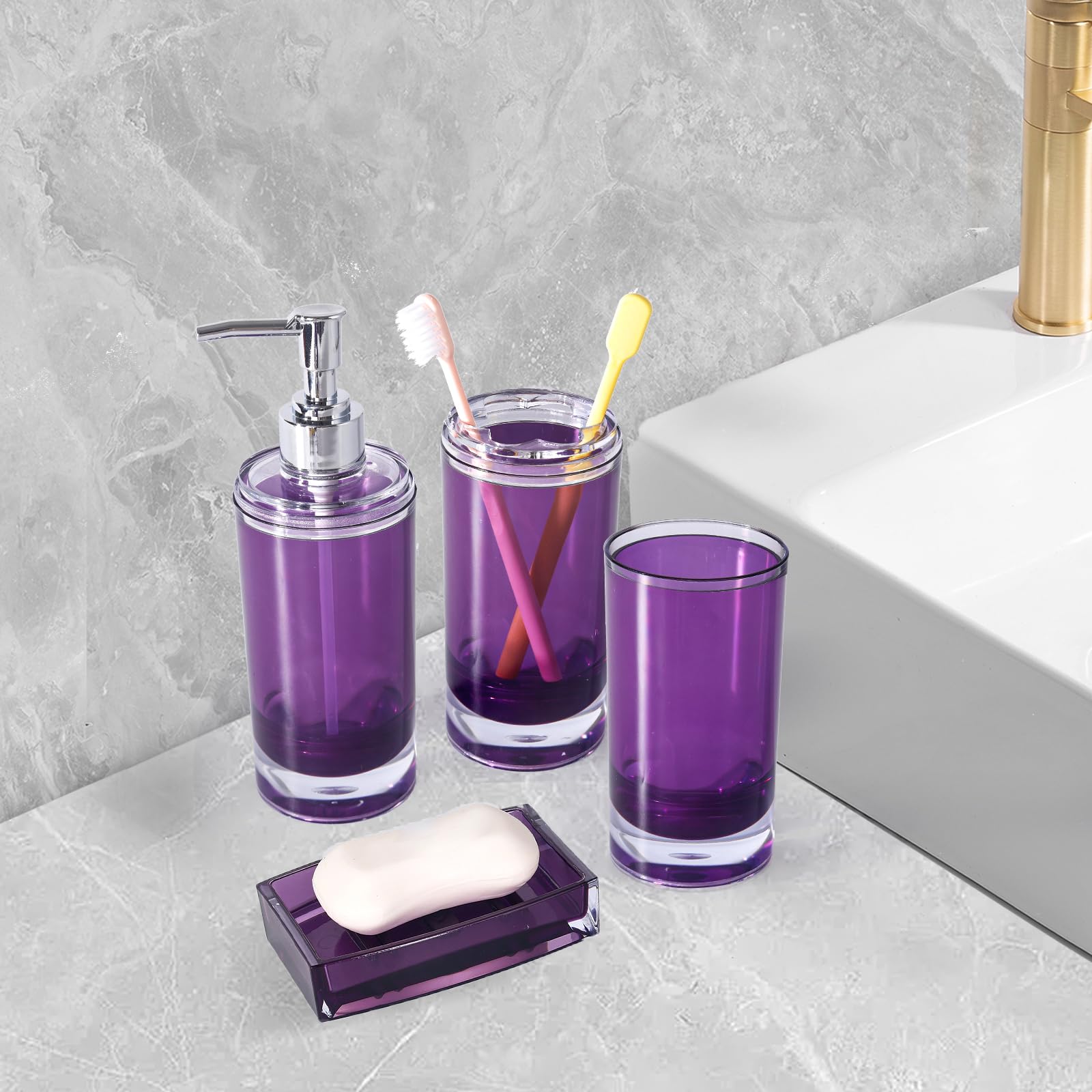 5-Piece Dark Purple Acrylic Bathroom Set - Soap Dispenser, Soap Dish, Toothbrush Holder, Tumbler & Toilet Brush with Holder | Modern Bathroom Decor & Housewarming Gift | Perfect for Guest Bathrooms, Master Suites & Spa-Inspired Home Decor