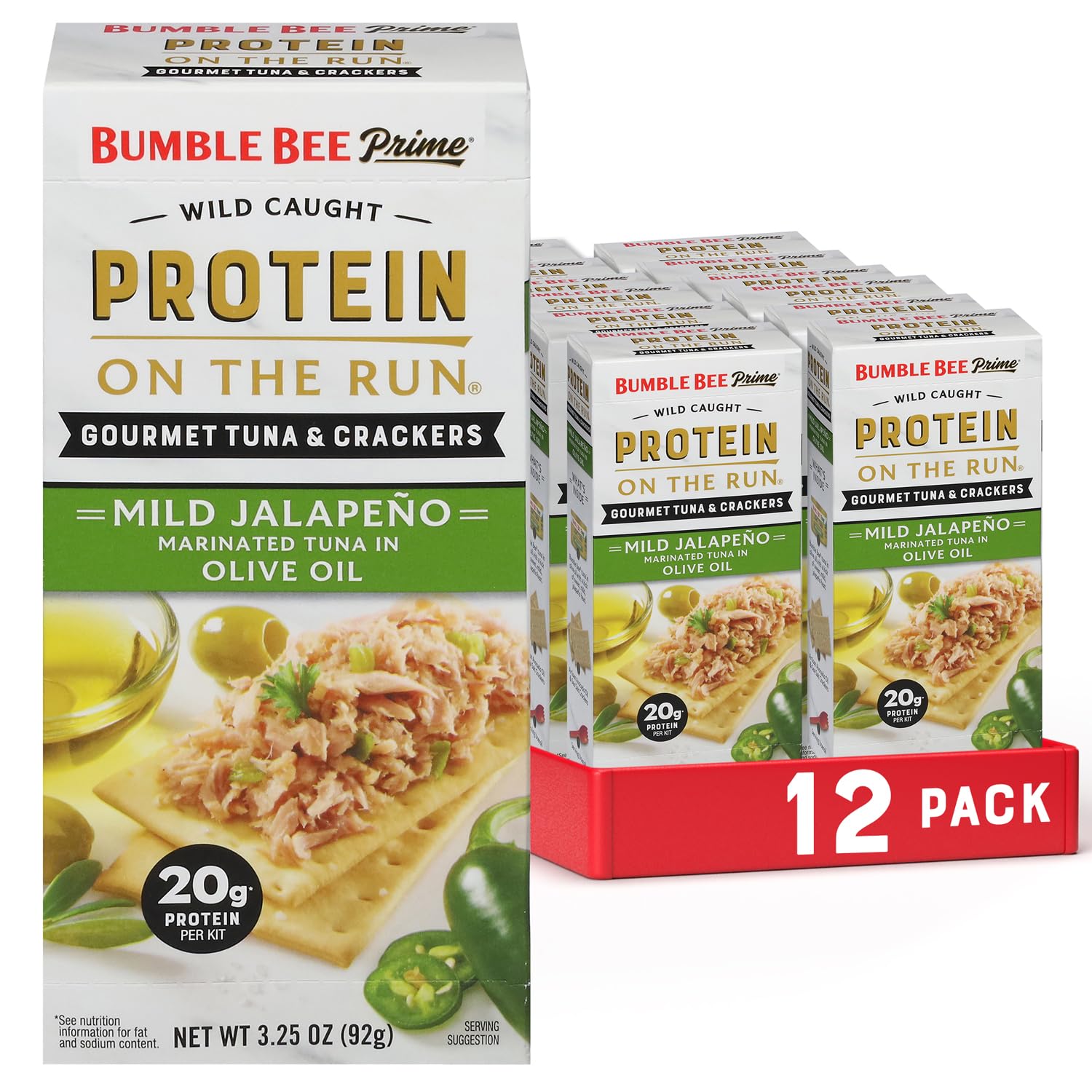 Bumble Bee Prime Protein Tuna Snack Kit - Pack of 12, Gourmet Tuna in Olive Oil & Mild Jalapeno with Crackers & Utensil - 20g Protein per Serving - Perfect for On-the-Go Lunches, Office Snacks & Outdoor Adventures
