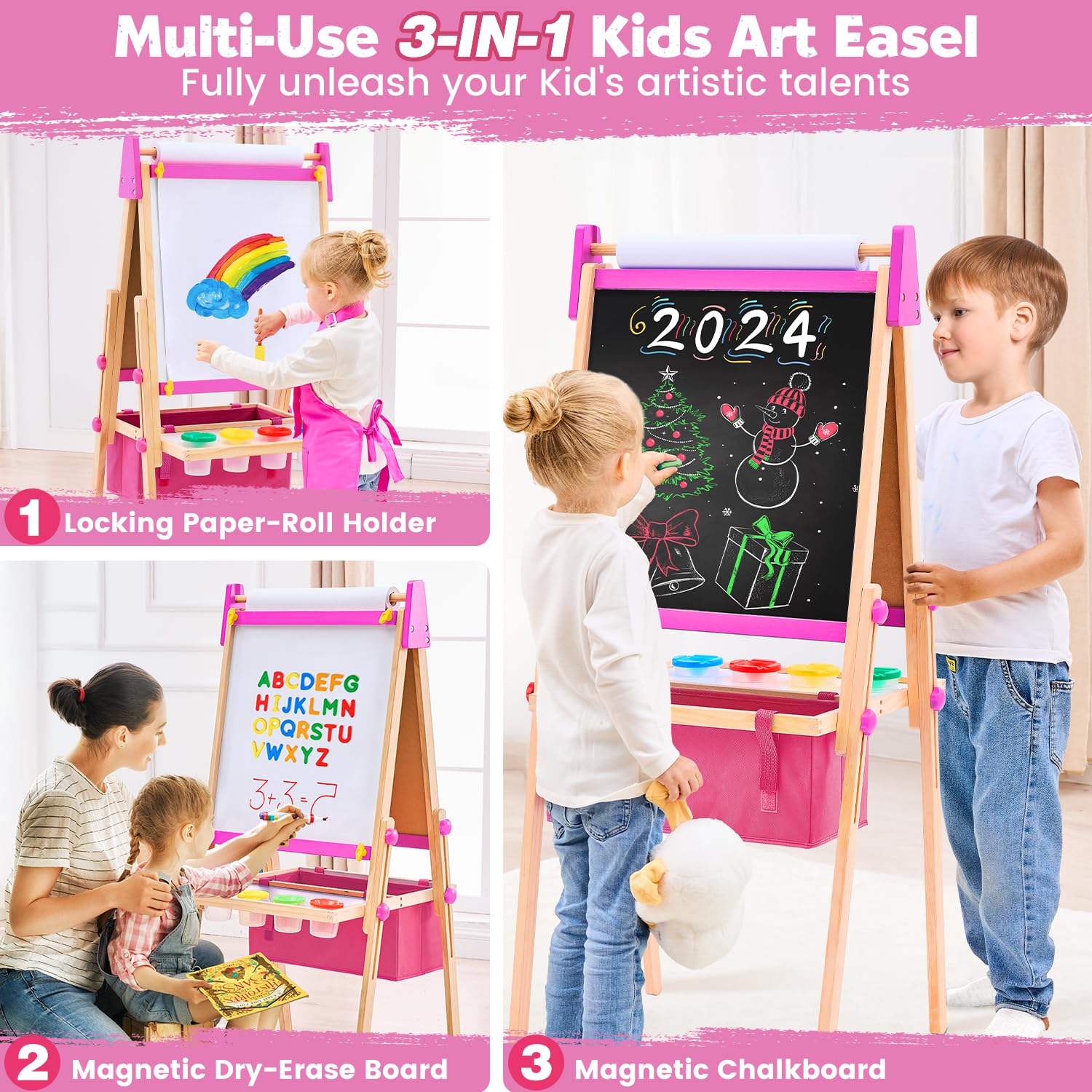 **Adjustable Wooden Kids Art Easel with Magnetic Whiteboard & Chalkboard - Toddler Drawing Easel for Ages 3-12, Pink with Storage Bag - Perfect for Home, Classroom & Creative Play**