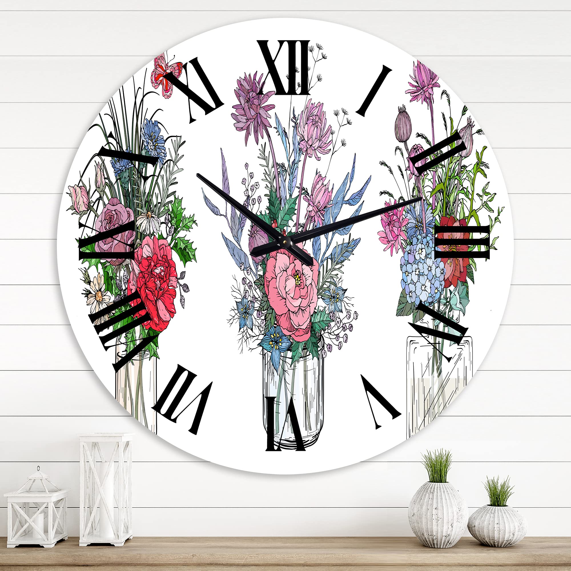 DesignQ Farmhouse Wall Clock - Large Floral & Botanical Wall Decor with Bouquets of Wildflowers in Transparent Vases - Perfect for Kitchen, Living Room, Bedroom & Office Decoration