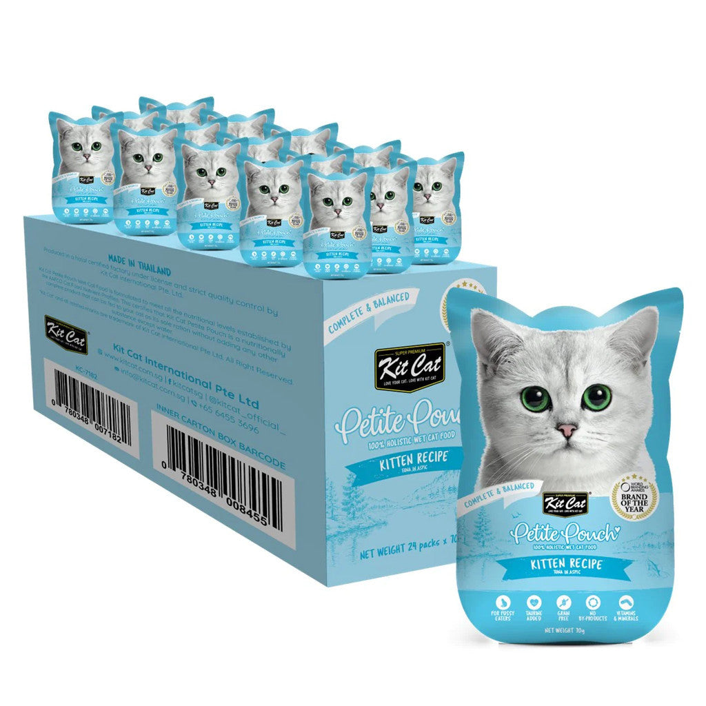 24 Pack Kit Cat Petite Pouch Grain-Free Wet Cat Food - 70g Pouch for Adult & Senior Cats - Perfect for Travel, Treats & Mealtime Variety