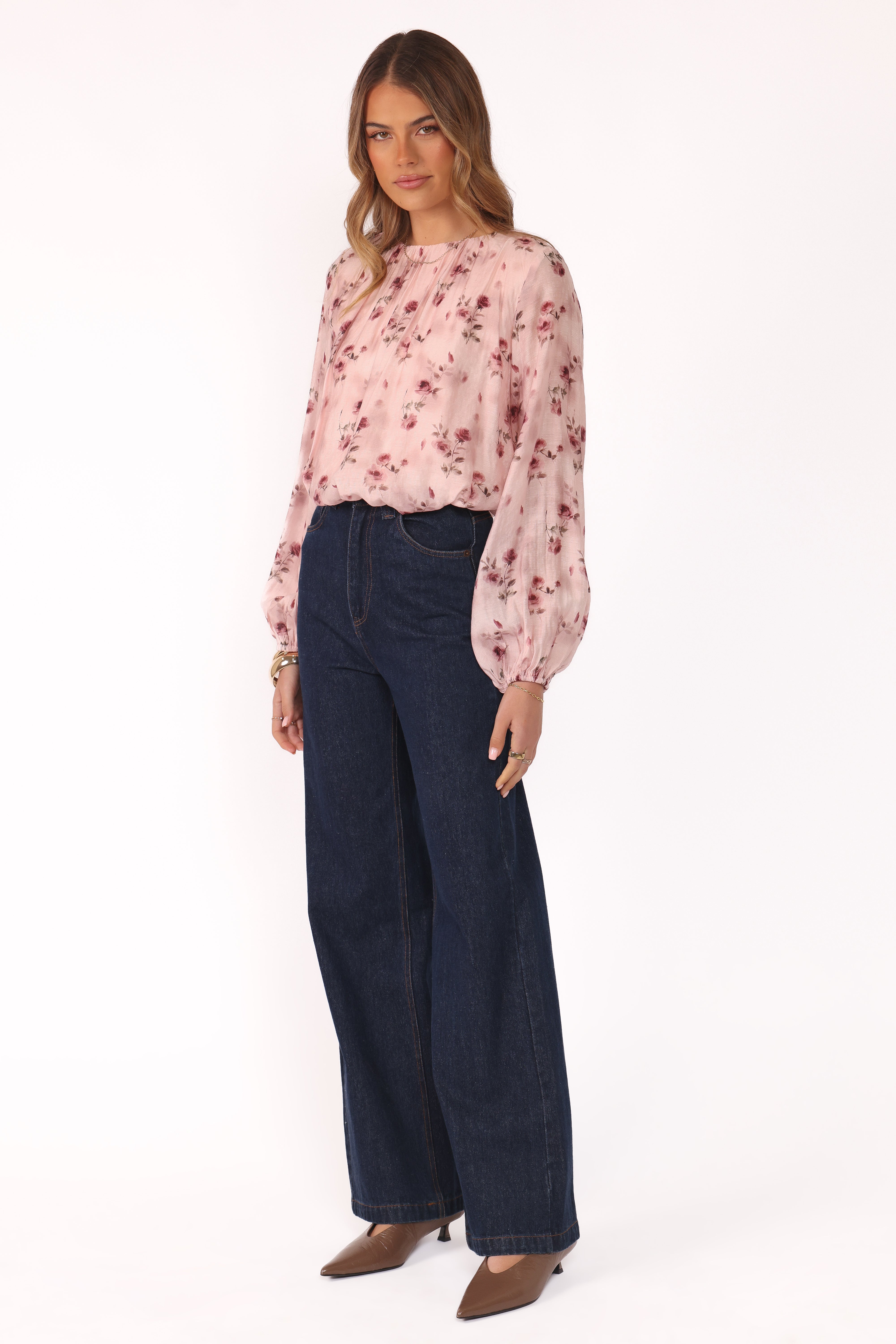 Dallas Long Sleeve Women's Blouse - Soft Pink Rose Floral Print Tops for Casual Wear, Office & Date Night Outfits