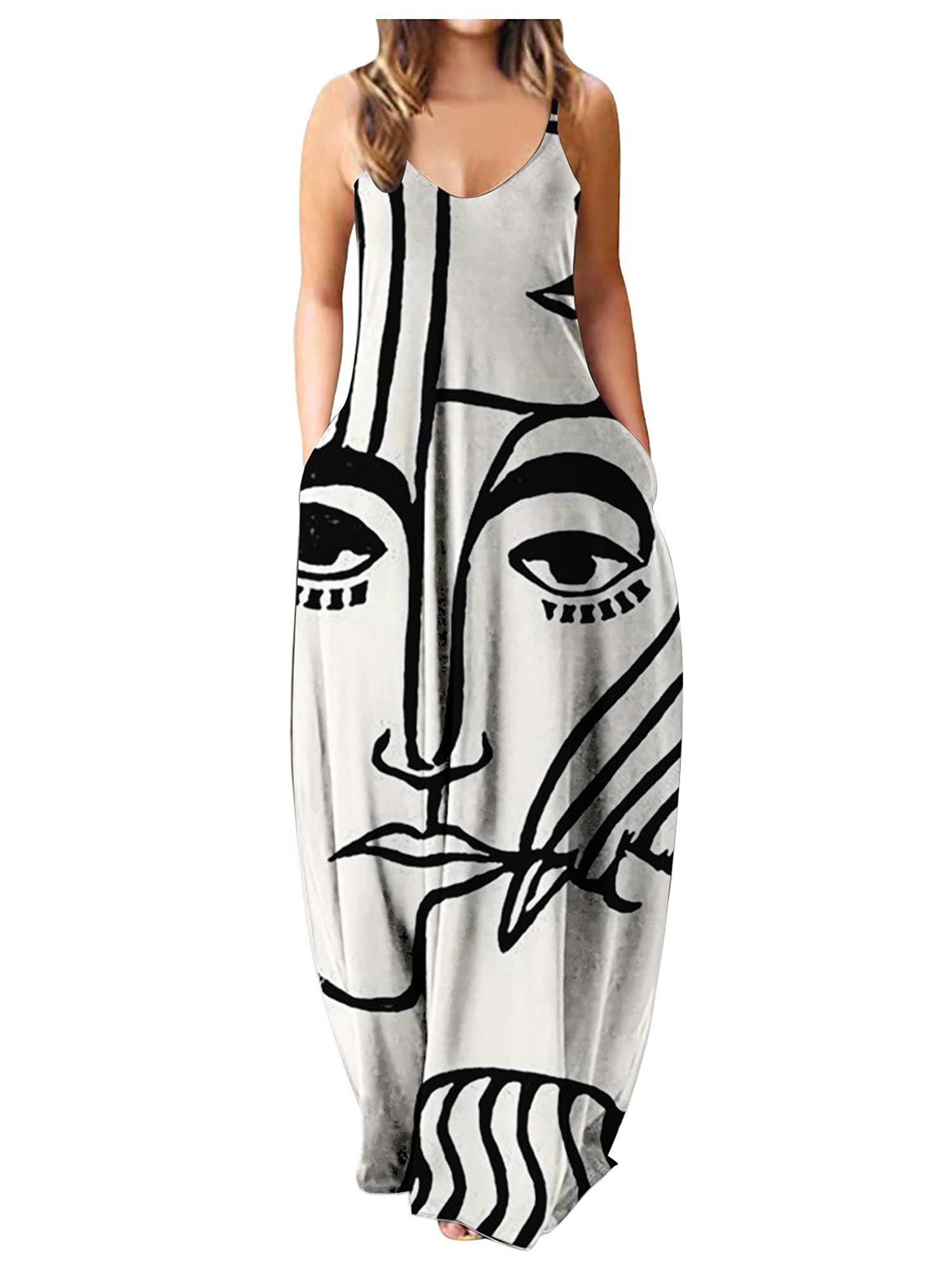 MAINESAKA Women's Bohemian Floral Print Spaghetti Strap Maxi Dress with Pockets - Casual Summer Beach Dress for Vacation, Party & Outdoor Activities