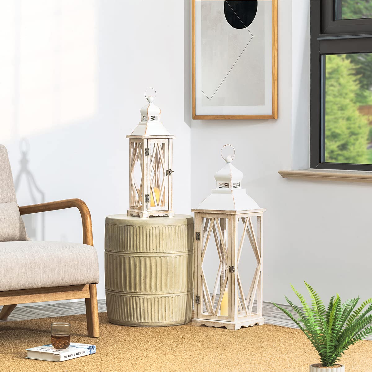 Glitzhome Farmhouse White Wood and Metal Hanging Candle Lanterns - Set of 2 Rustic Home Decor for Indoor/Outdoor, Patio, Garden, Wedding & Holiday Decorations