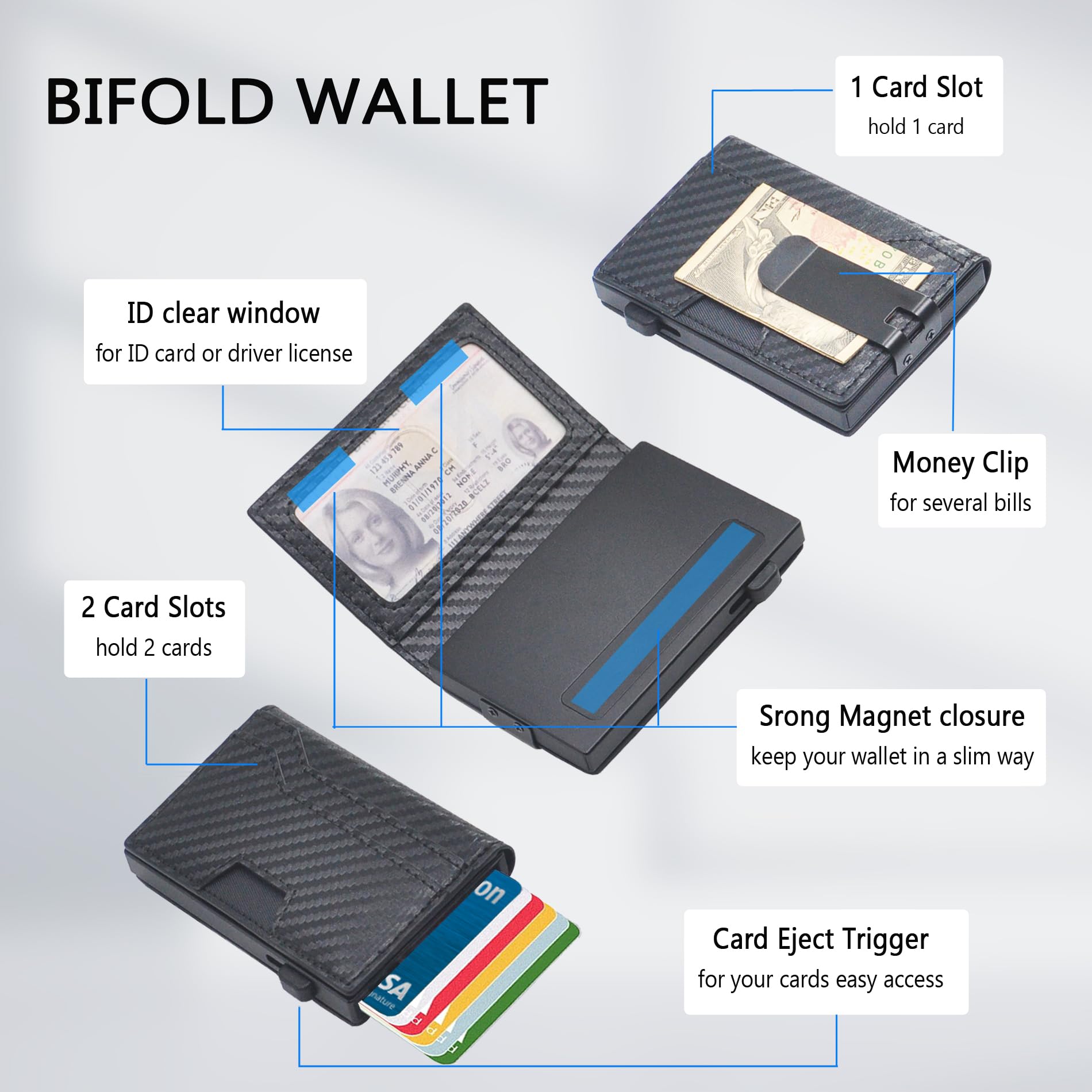 Slim RFID Blocking Minimalist Wallet for Men - Leather Pop Up Card Holder with Money Clip & ID Window - Metal Black Carbon Fiber - Perfect for Travel, Business & Everyday Carry
